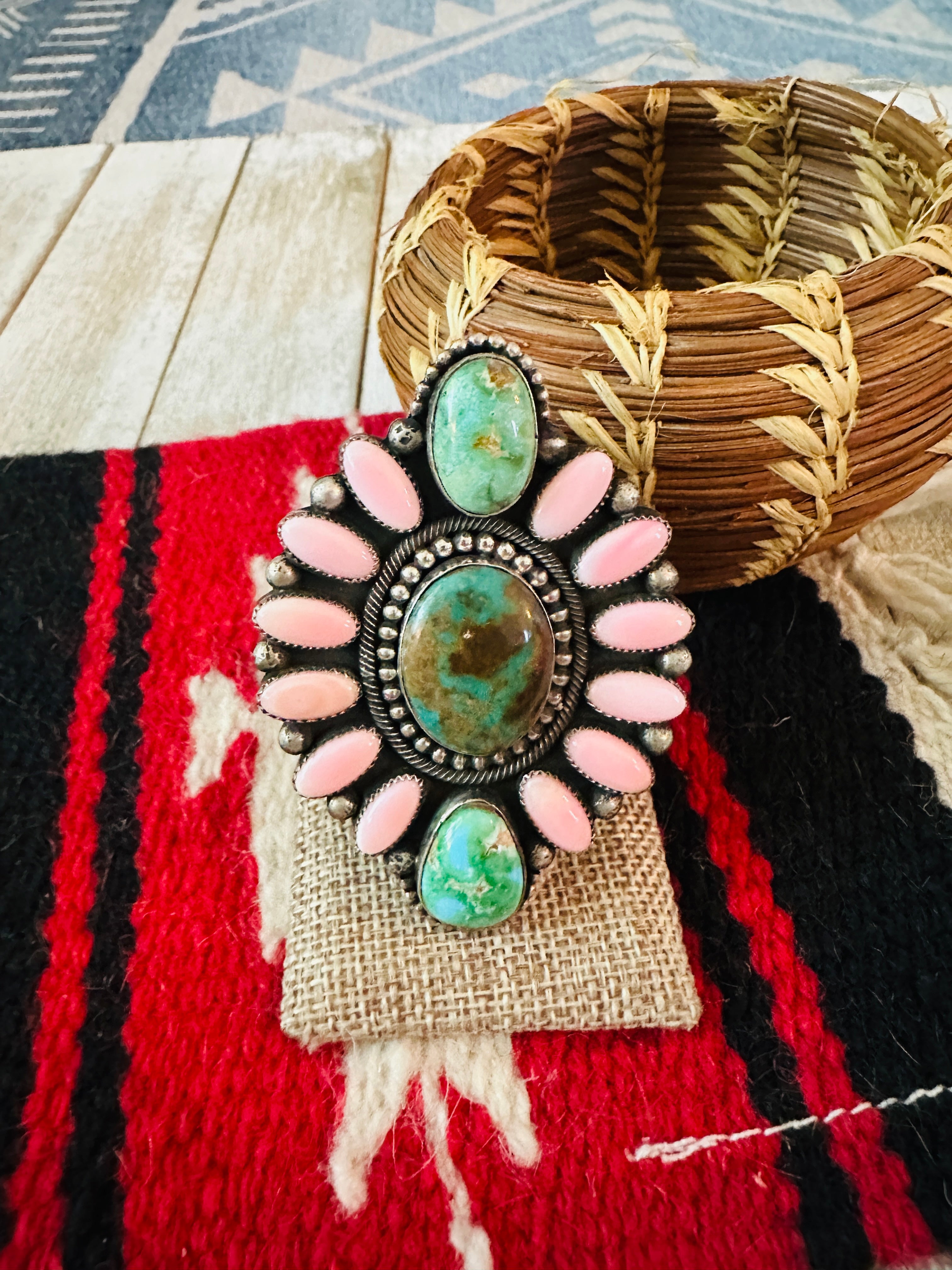 Handcrafted Sterling Silver, Queen Pink Conch & Turquoise Cluster Adjustable Ring by Hemerson Brown