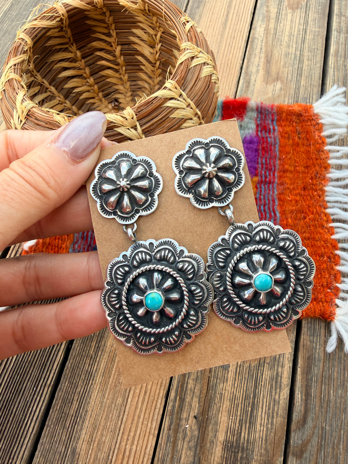 Handcrafted Turquoise & Sterling Silver Concho Dangle Earrings