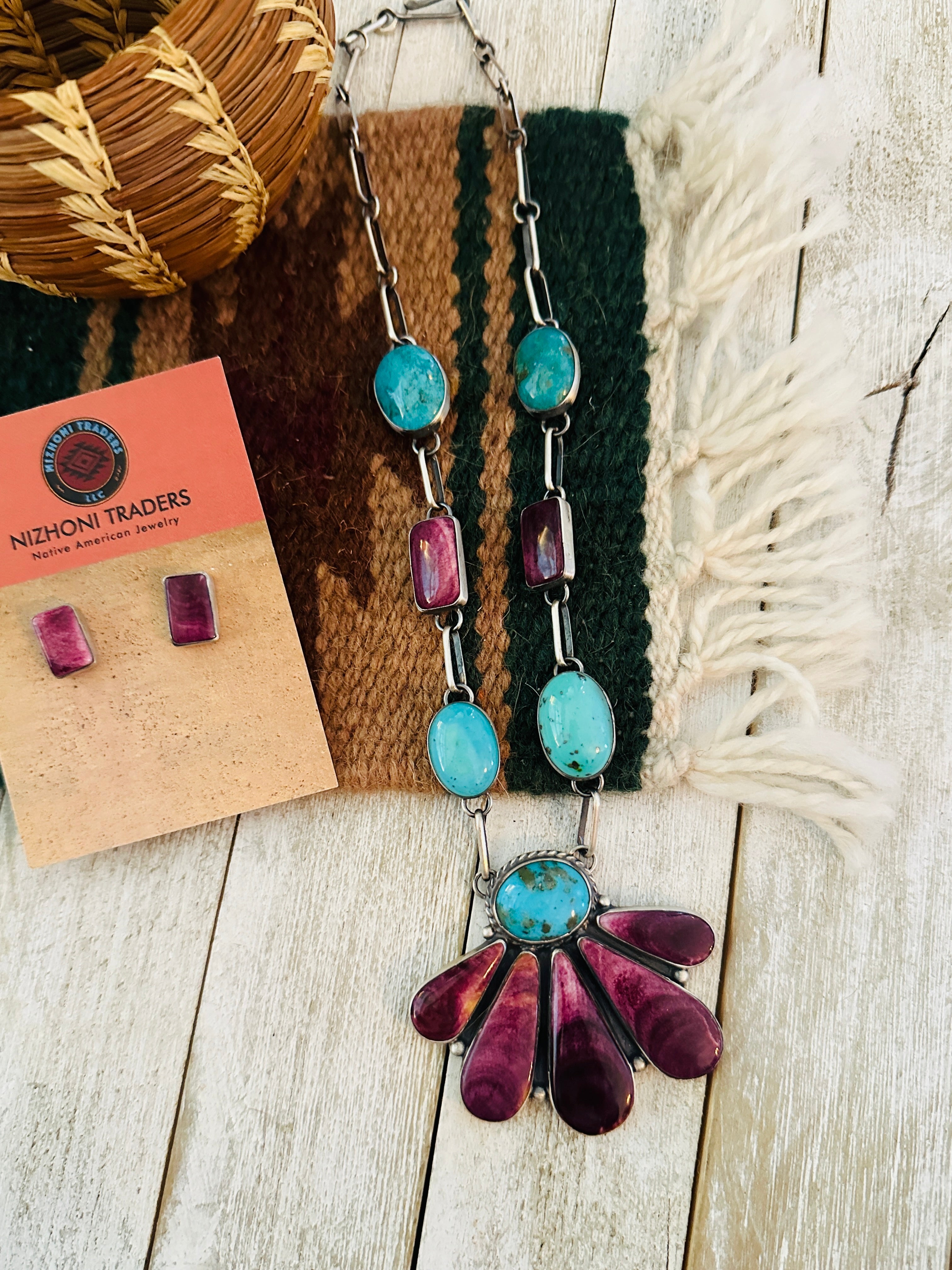 Navajo Sterling Silver, Spiny Oyster & Turquoise Necklace Set