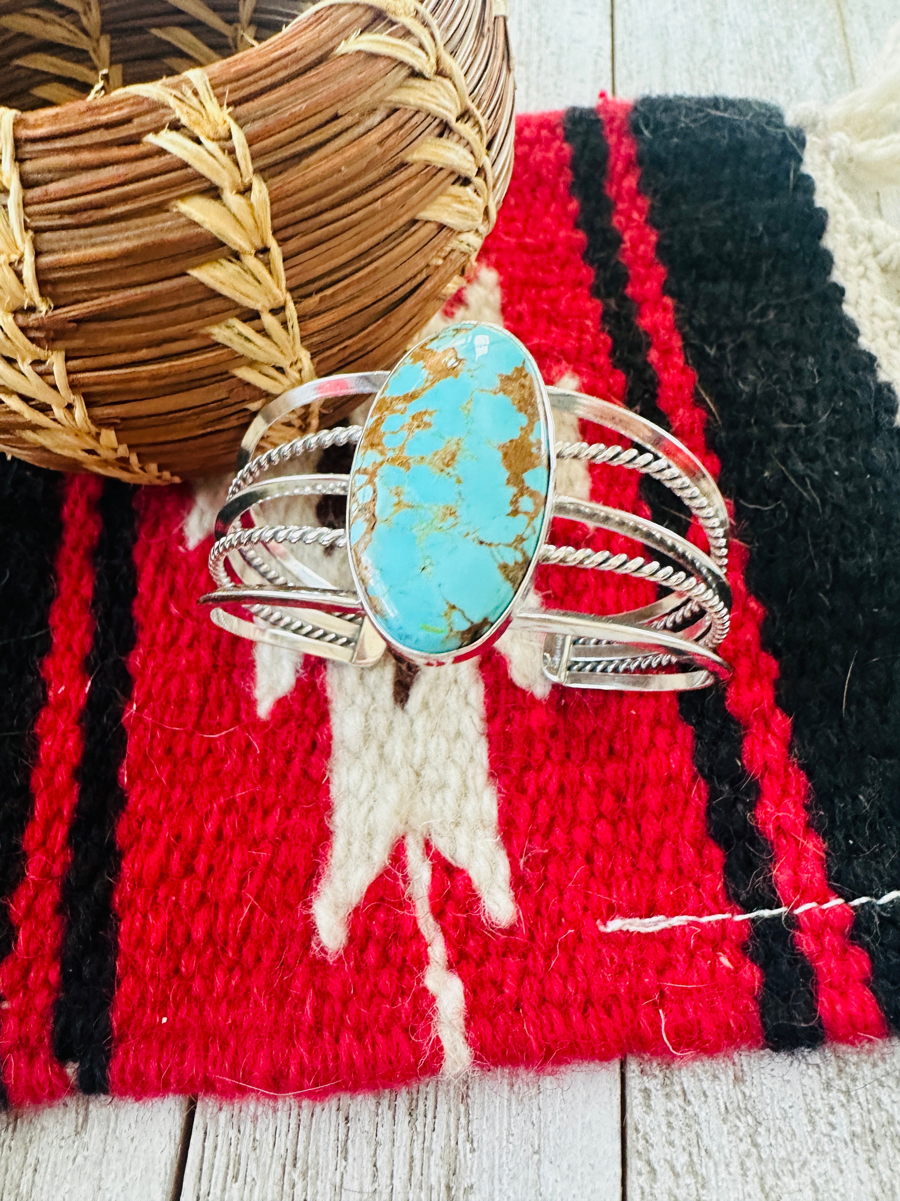 Navajo Sterling Silver & Number 8 Turquoise Cuff Bracelet