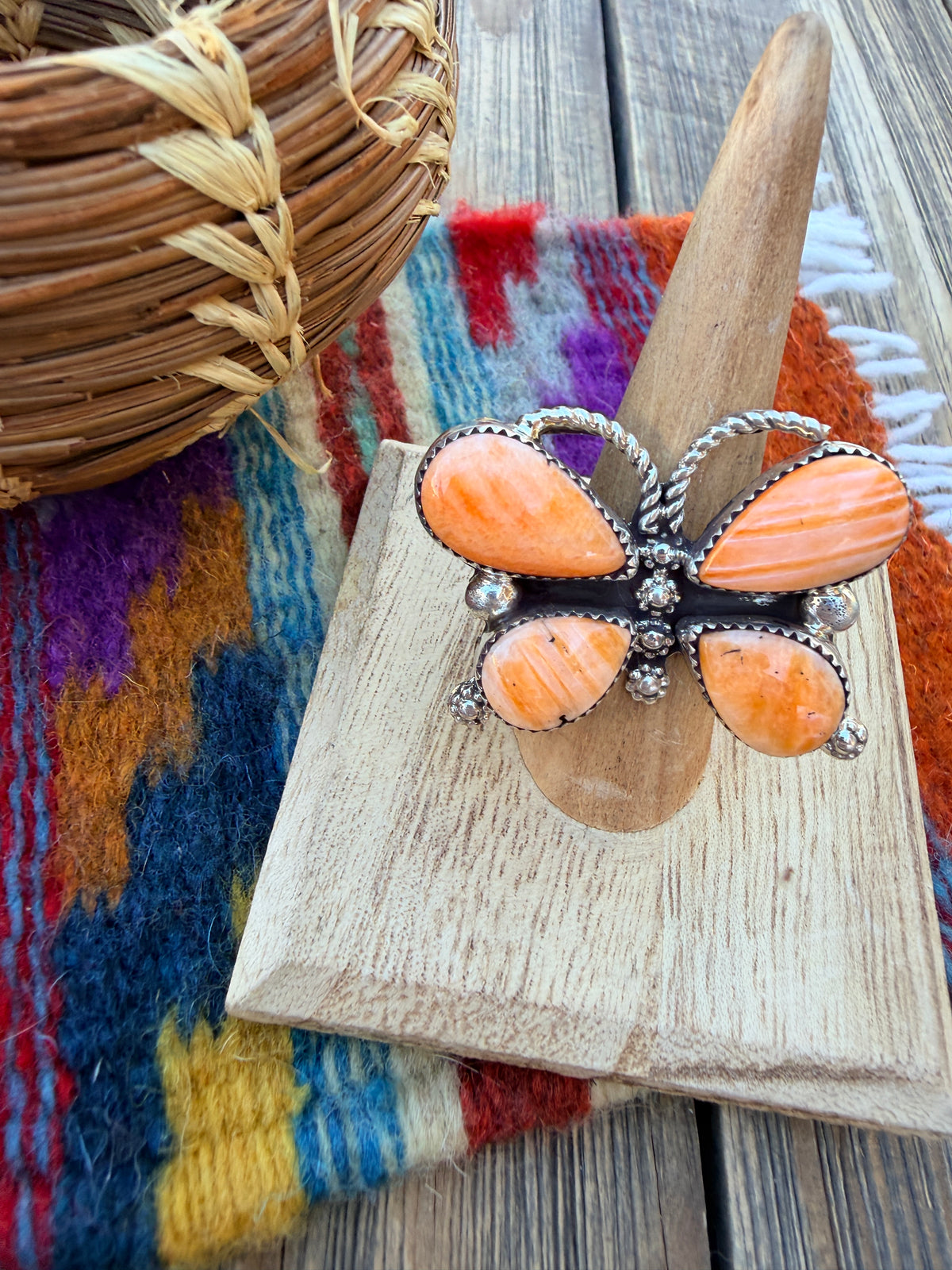 Handcrafted Spiny Oyster & Sterling Silver Butterfly Ring Size 9