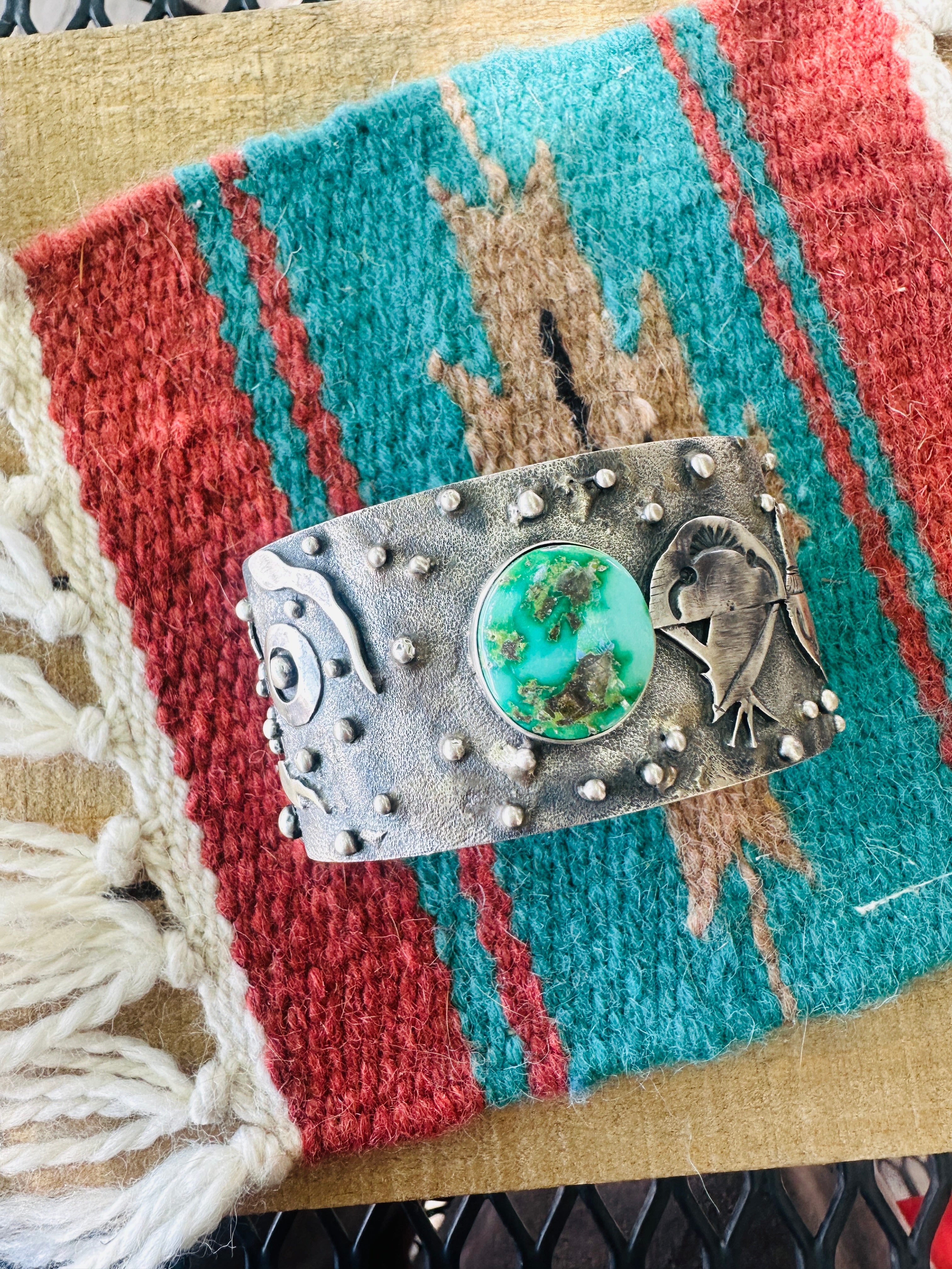 Handcrafted Sonoran Mountain Turquoise and Sterling Silver Story Teller Cuff Bracelet by Randy Billy