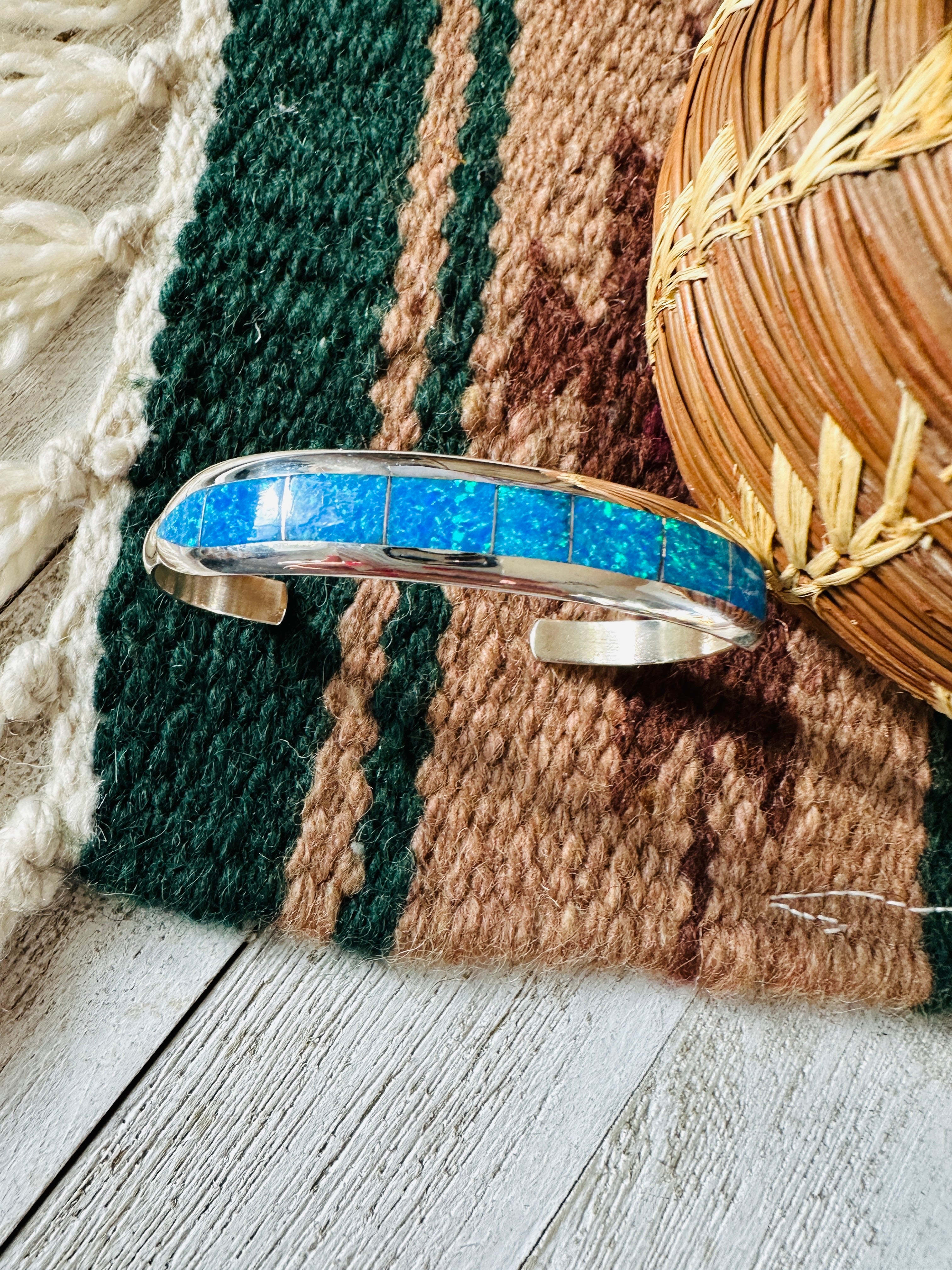 Navajo Sterling Silver & Blue Opal Inlay Cuff Bracelet