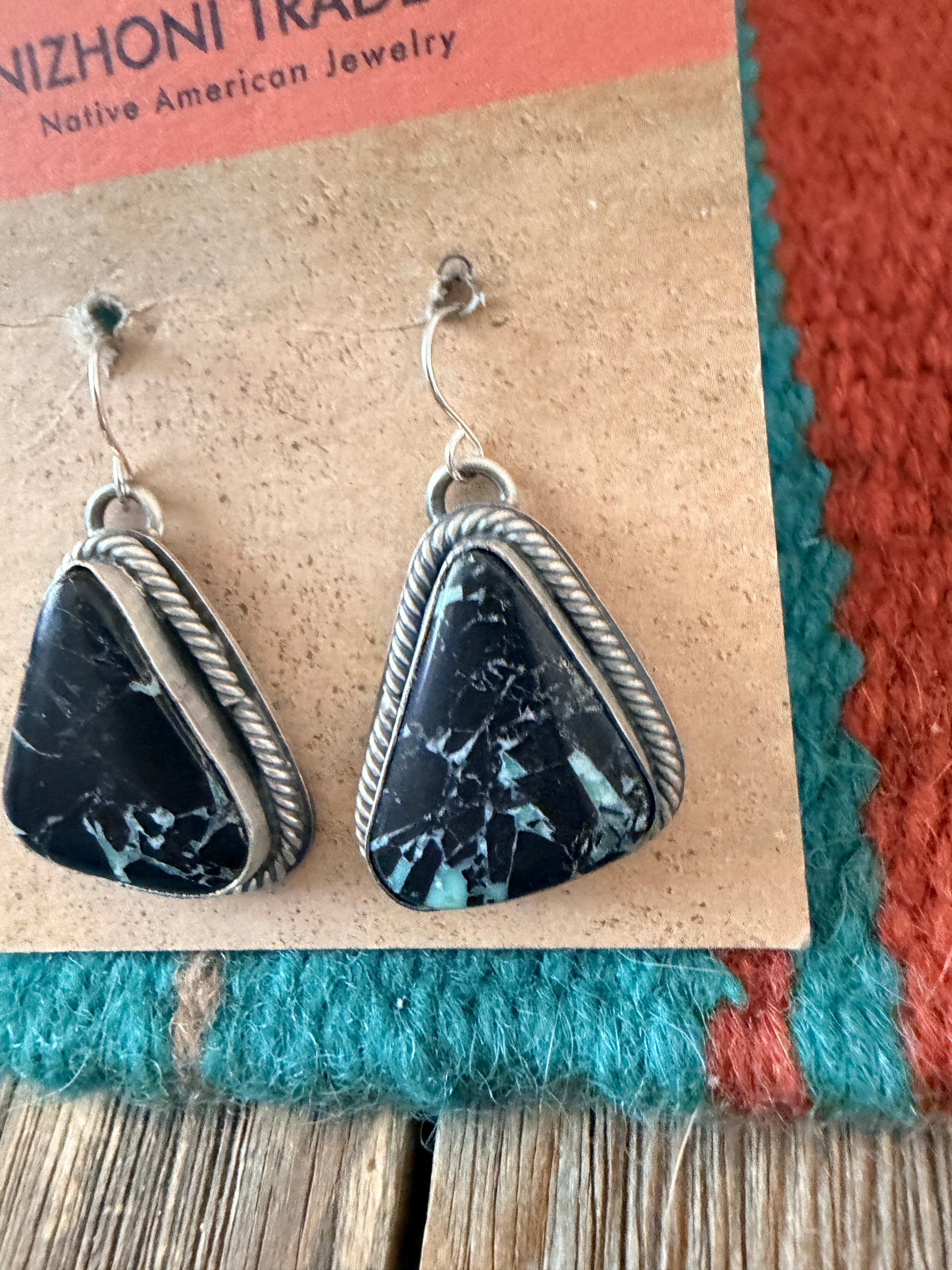 Handcrafted Sterling Silver & Blackjack Turquoise Dangle Earrings