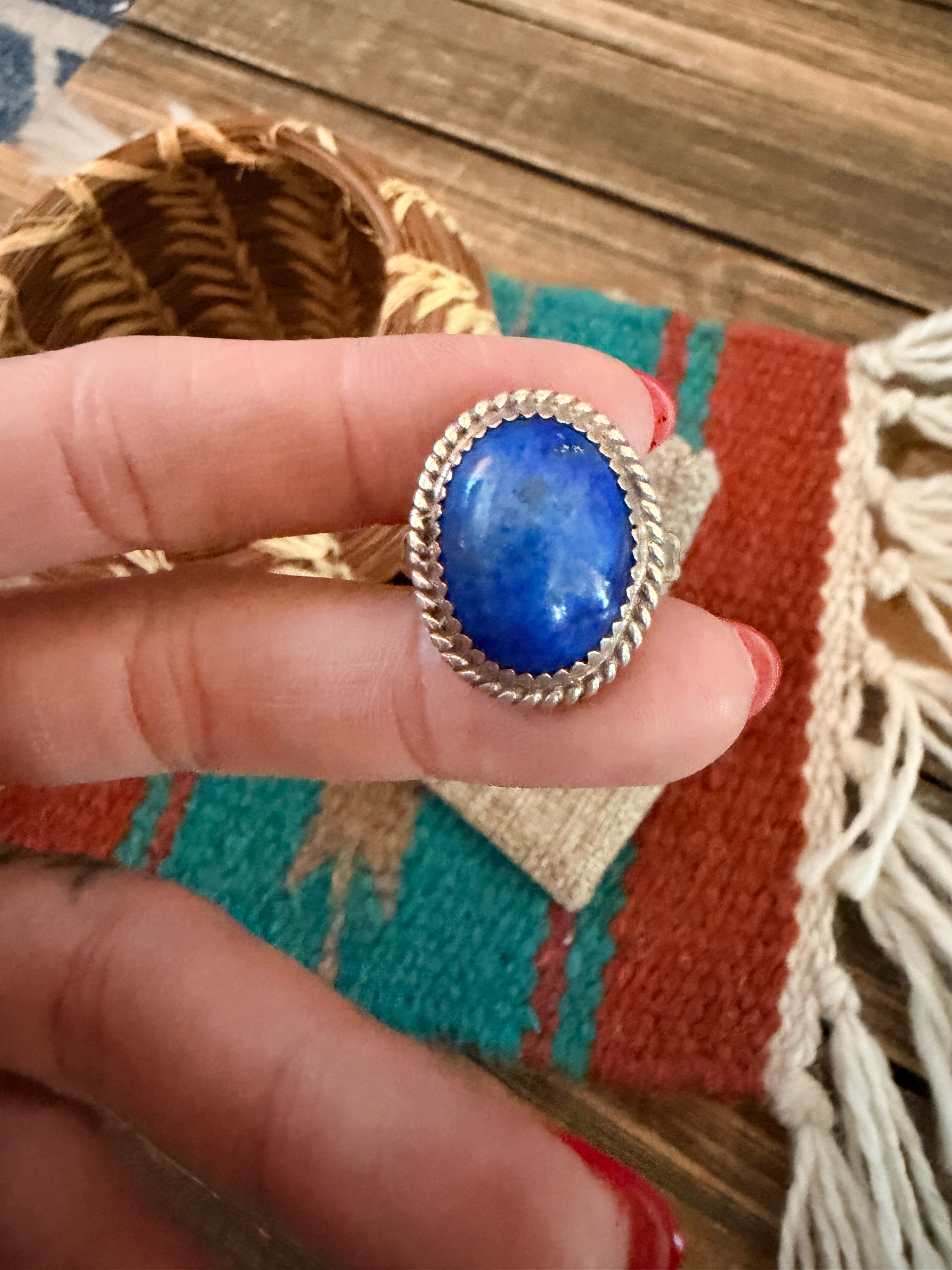 Old Pawn Handcrafted Lapis & Sterling Silver Ring Size 10