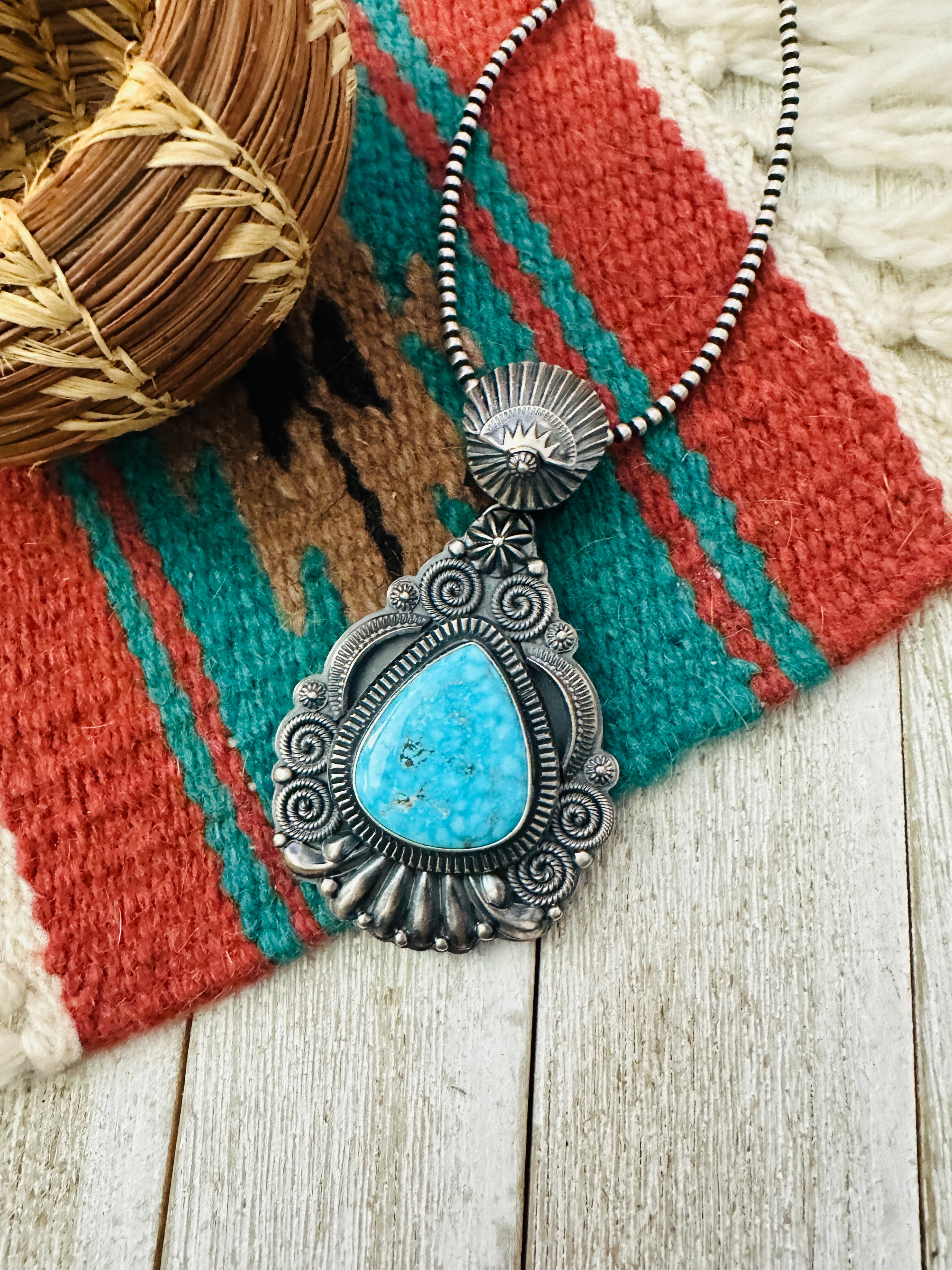 Handcrafted Sterling Silver & Kingman Turquoise Pendant by Delbert Gordon