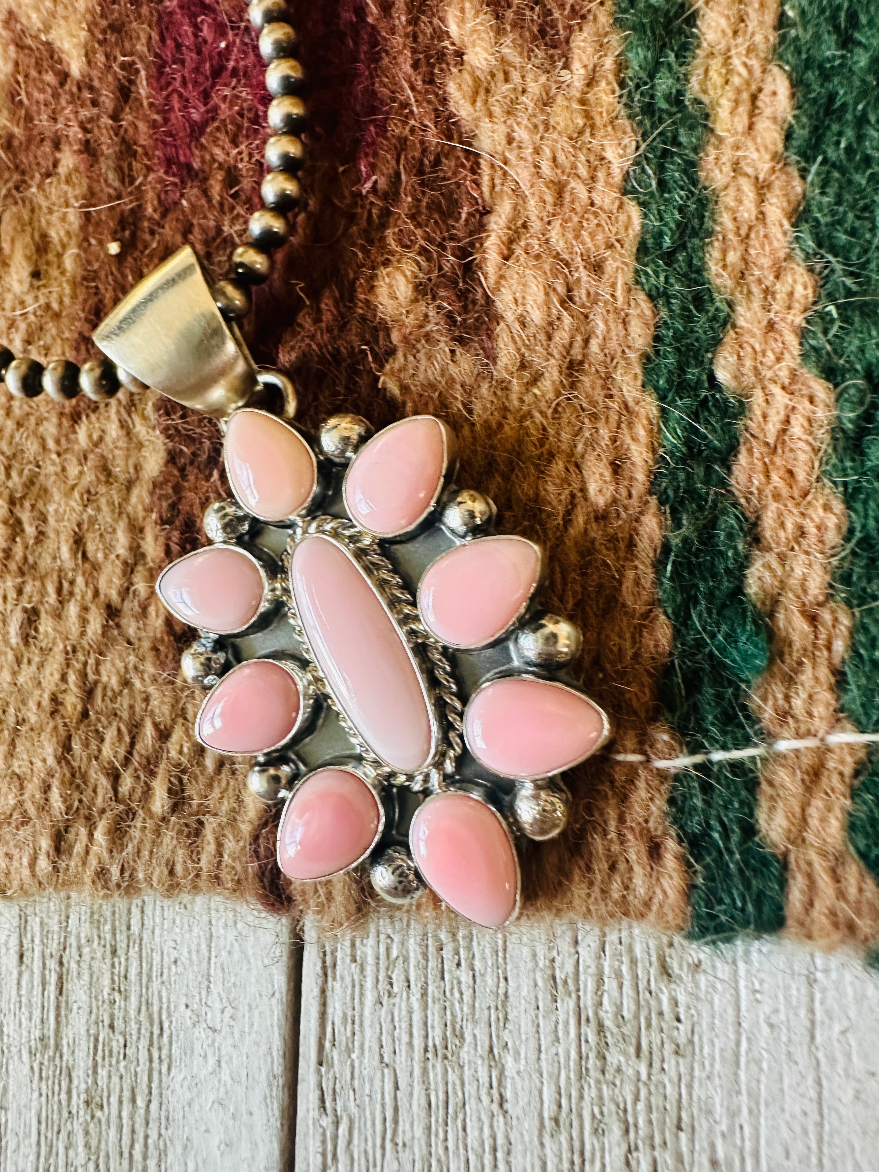 Navajo Queen Pink Conch Shell & Sterling Silver Cluster Pendant