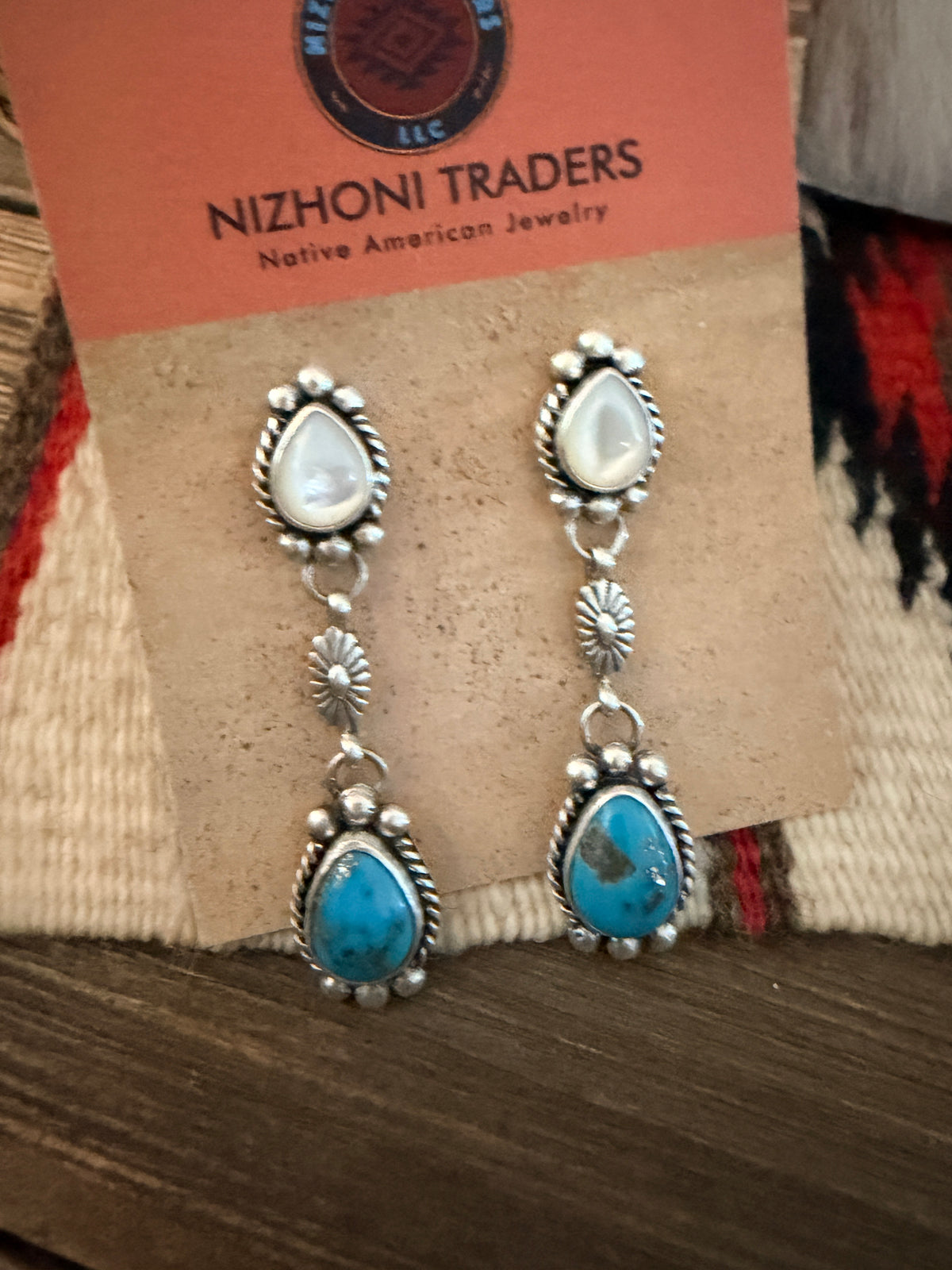 Handcrafted Turquoise, Mother of Pearl & Sterling Silver Cluster Necklace and Earring Set by Fred Francis