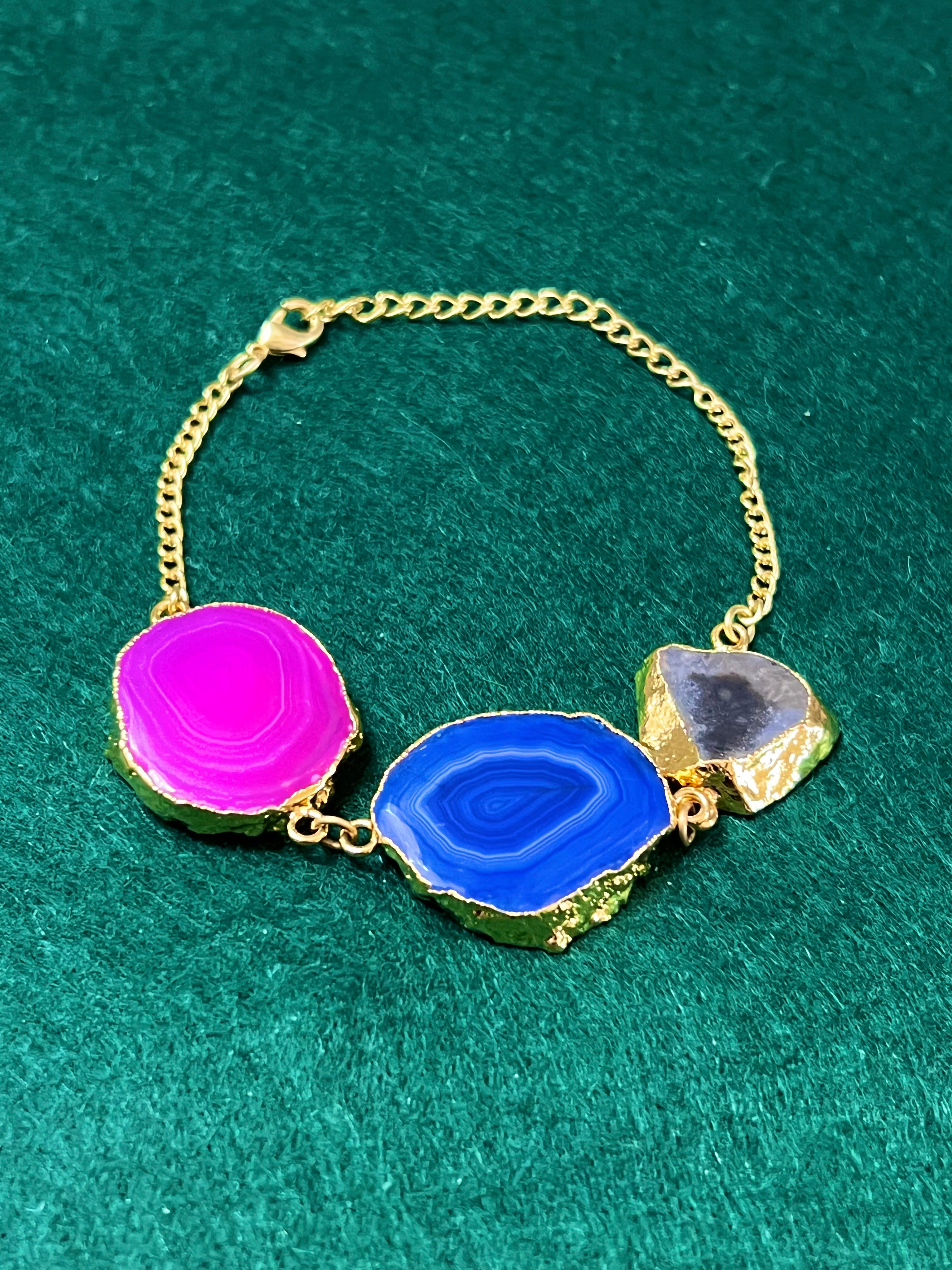 Handmade 14k Gold Druzy Plated Brass With Hot Pink, Grey, & Blue Geodes Bracelet