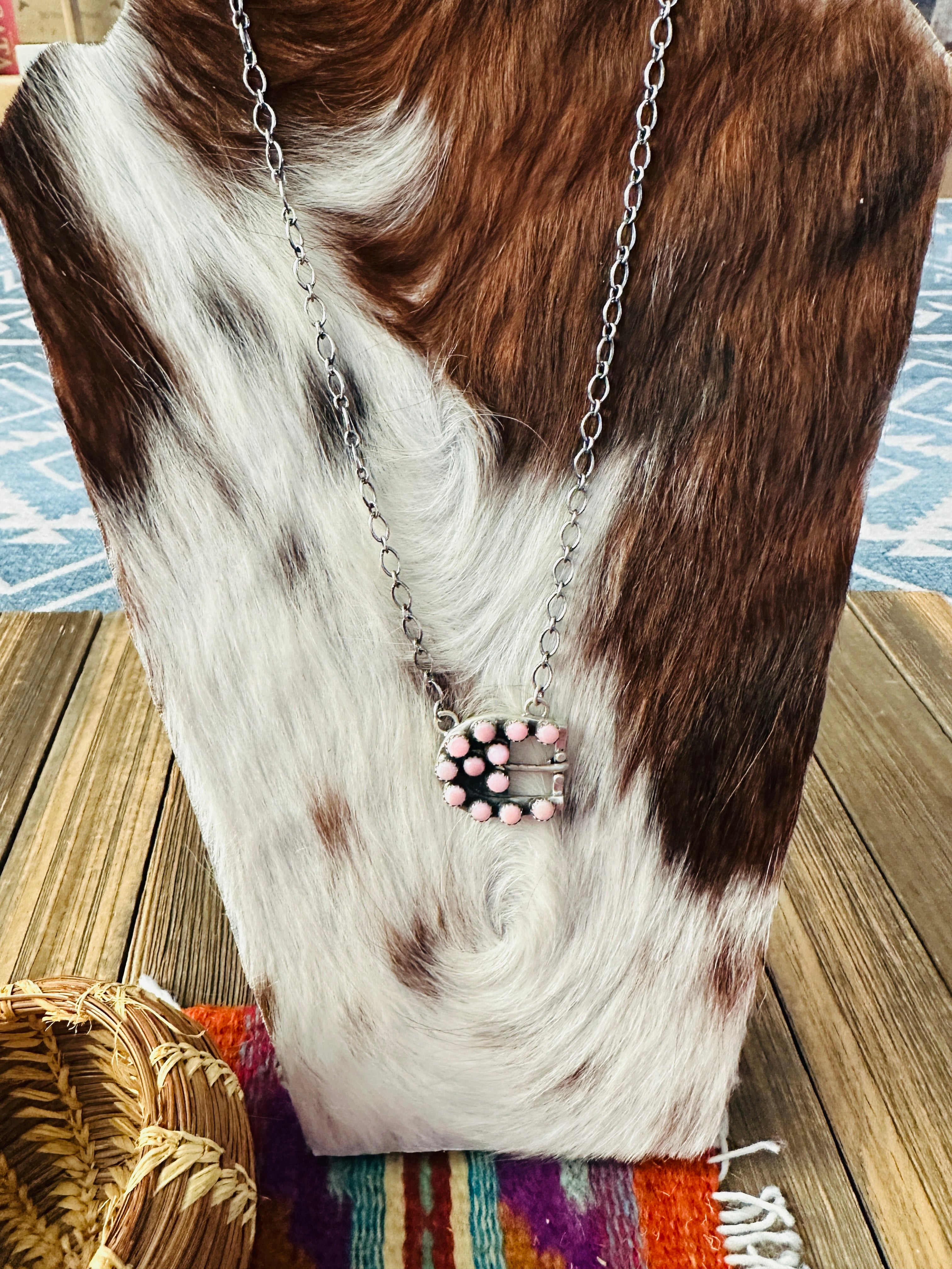 Handcrafted Queen Pink Conch & Sterling Silver Belt Buckle Necklace by Russell Sam