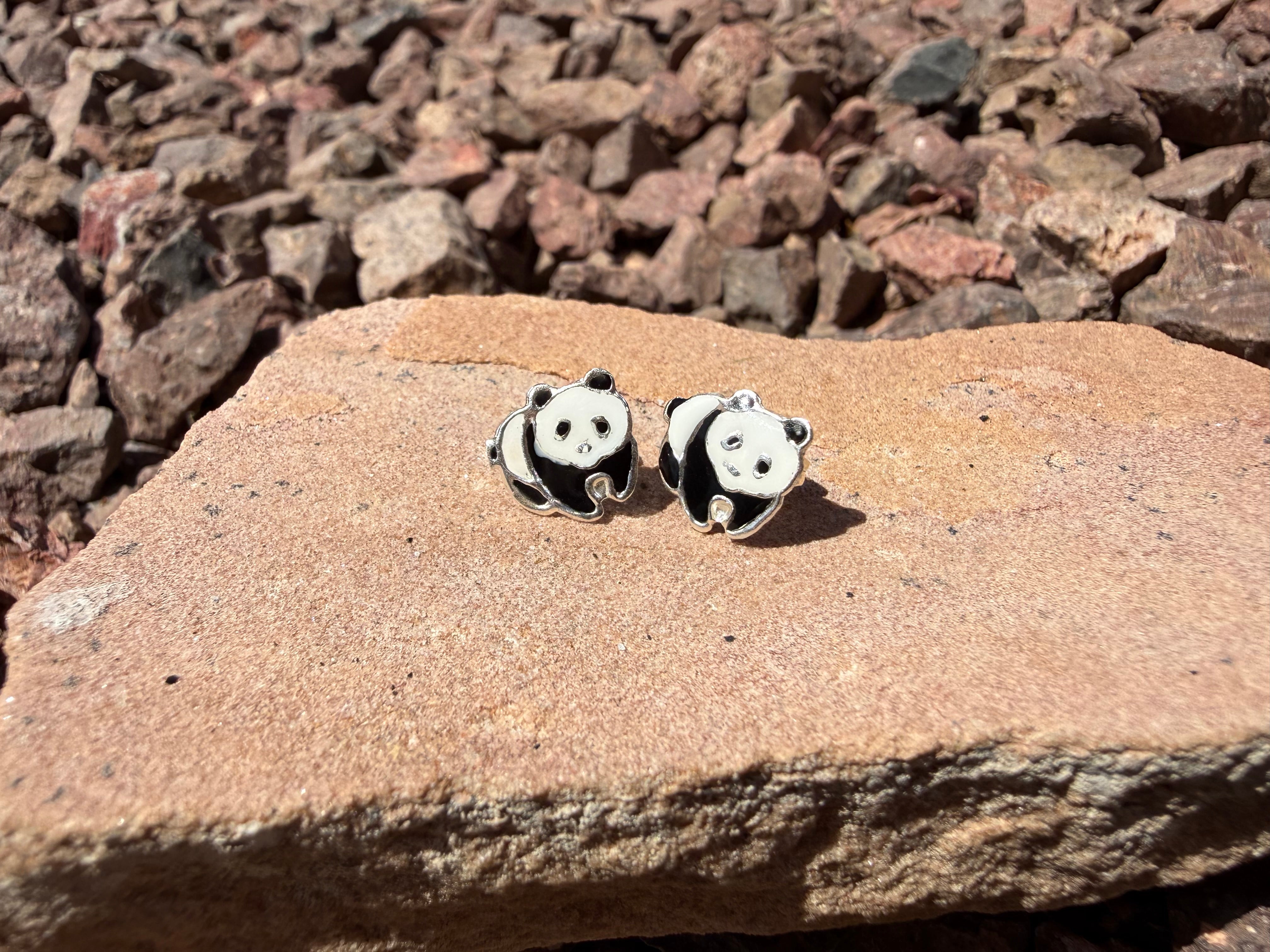Panda Bear Sterling Silver Stud Earrings