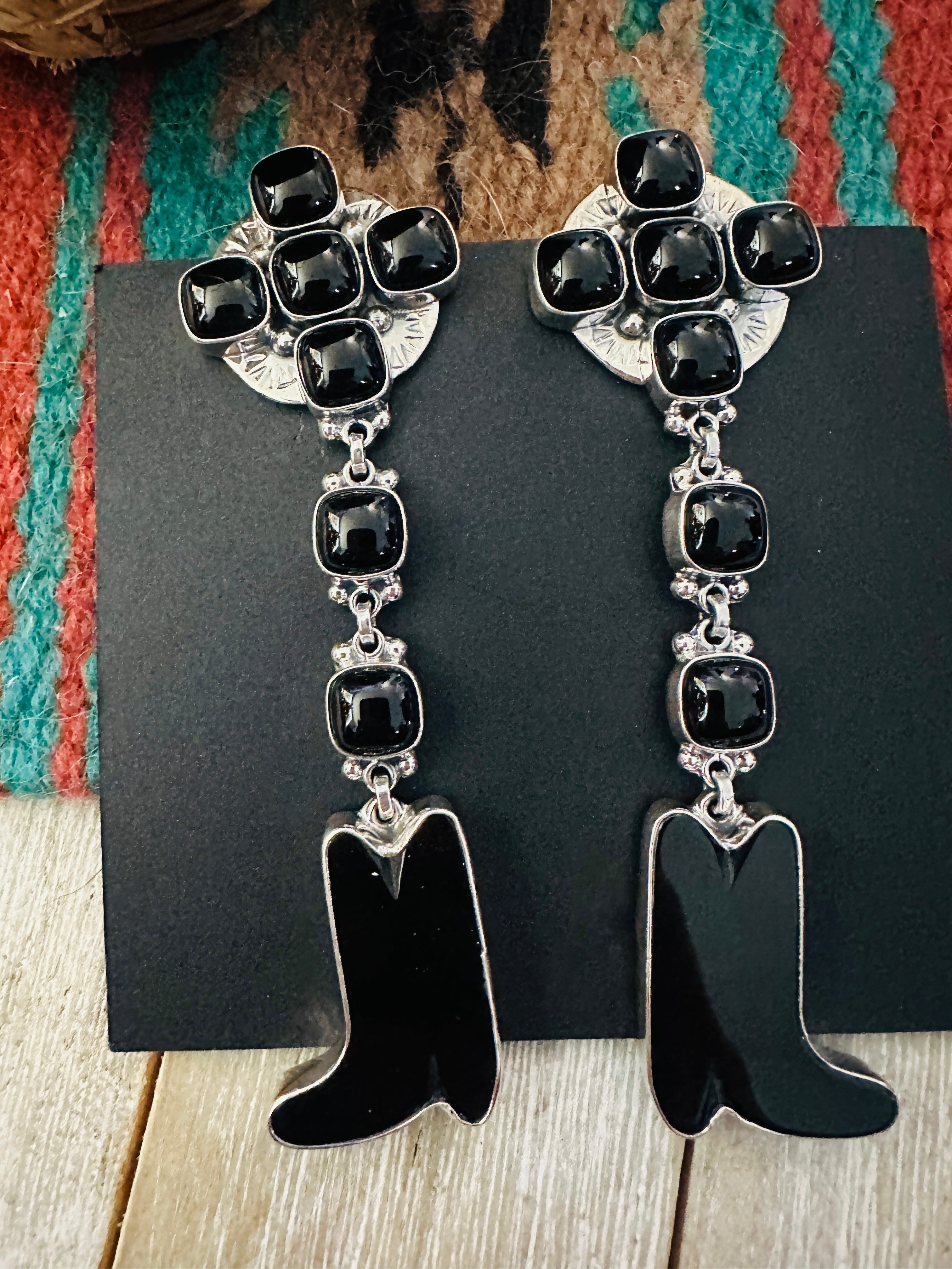Handcrafted Onyx & Sterling Silver Cowboy Boot Dangle Earrings by Federico Jimenez