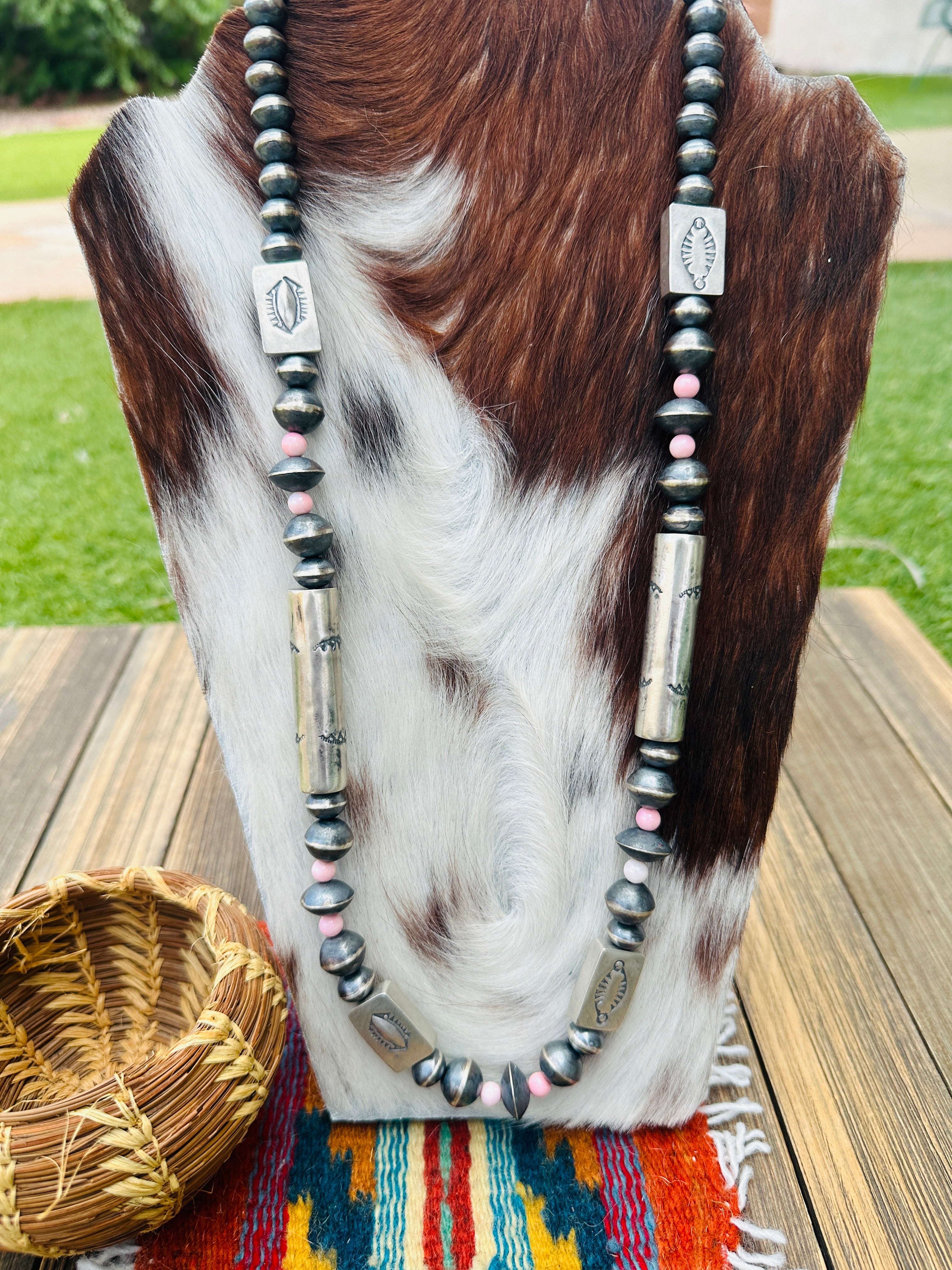 Handcrafted Queen Pink Conch & Hand Stamped Sterling Silver 36” Beaded Necklace