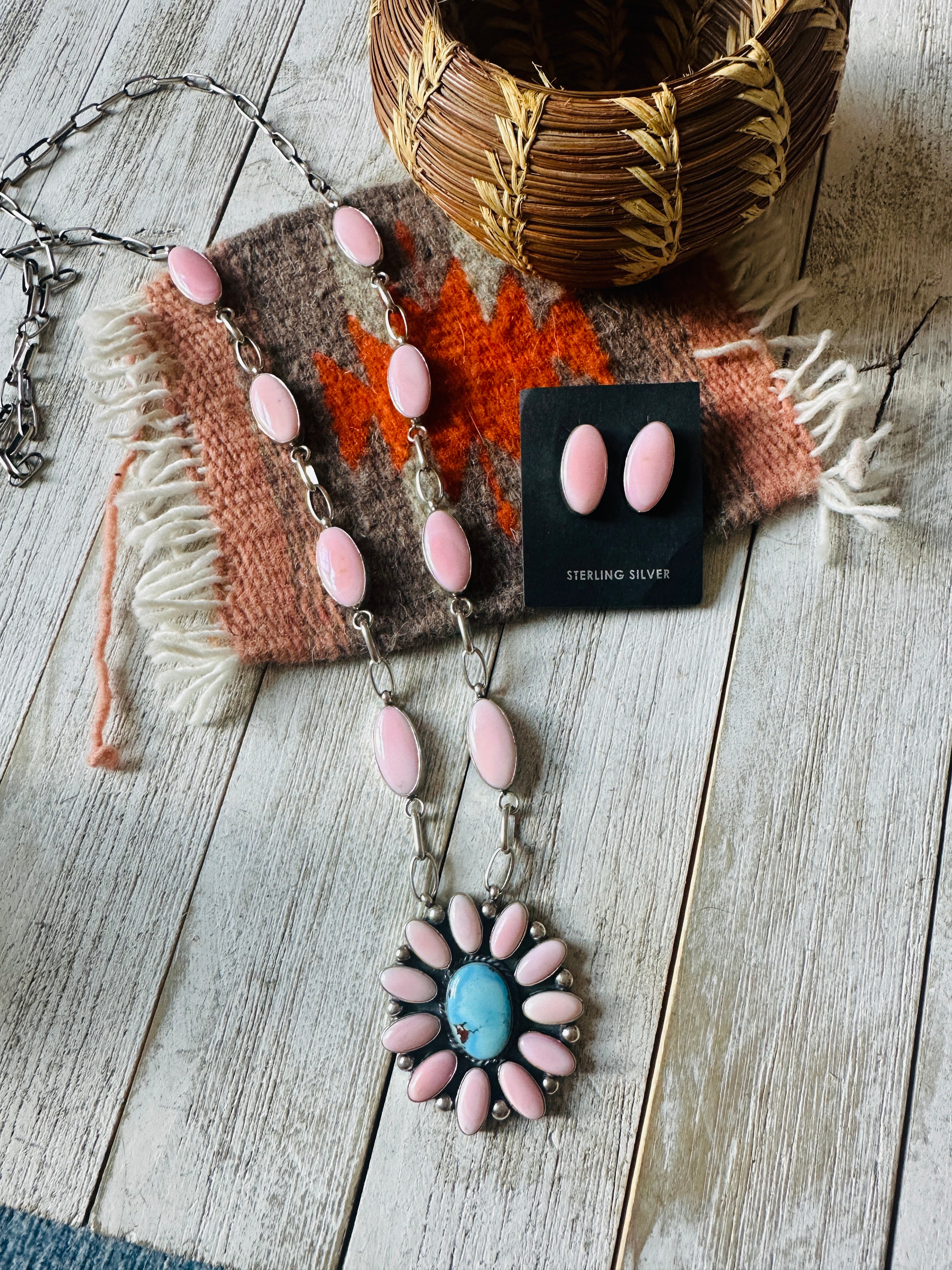 Navajo Queen Pink Conch, Turquoise & Sterling Silver Cluster Necklace Set