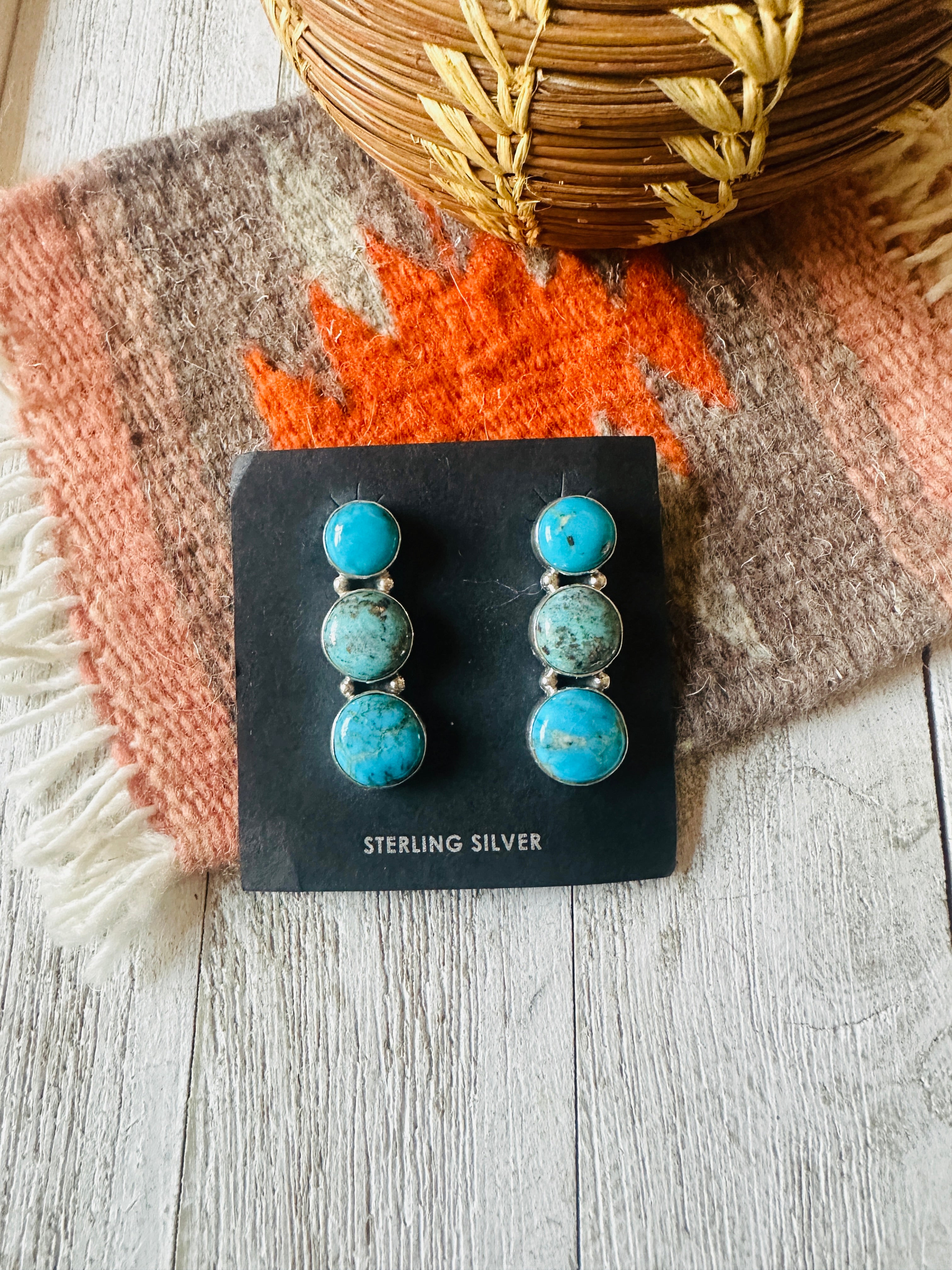 Navajo 3-Stone Turquoise And Sterling Silver Dangle Earrings