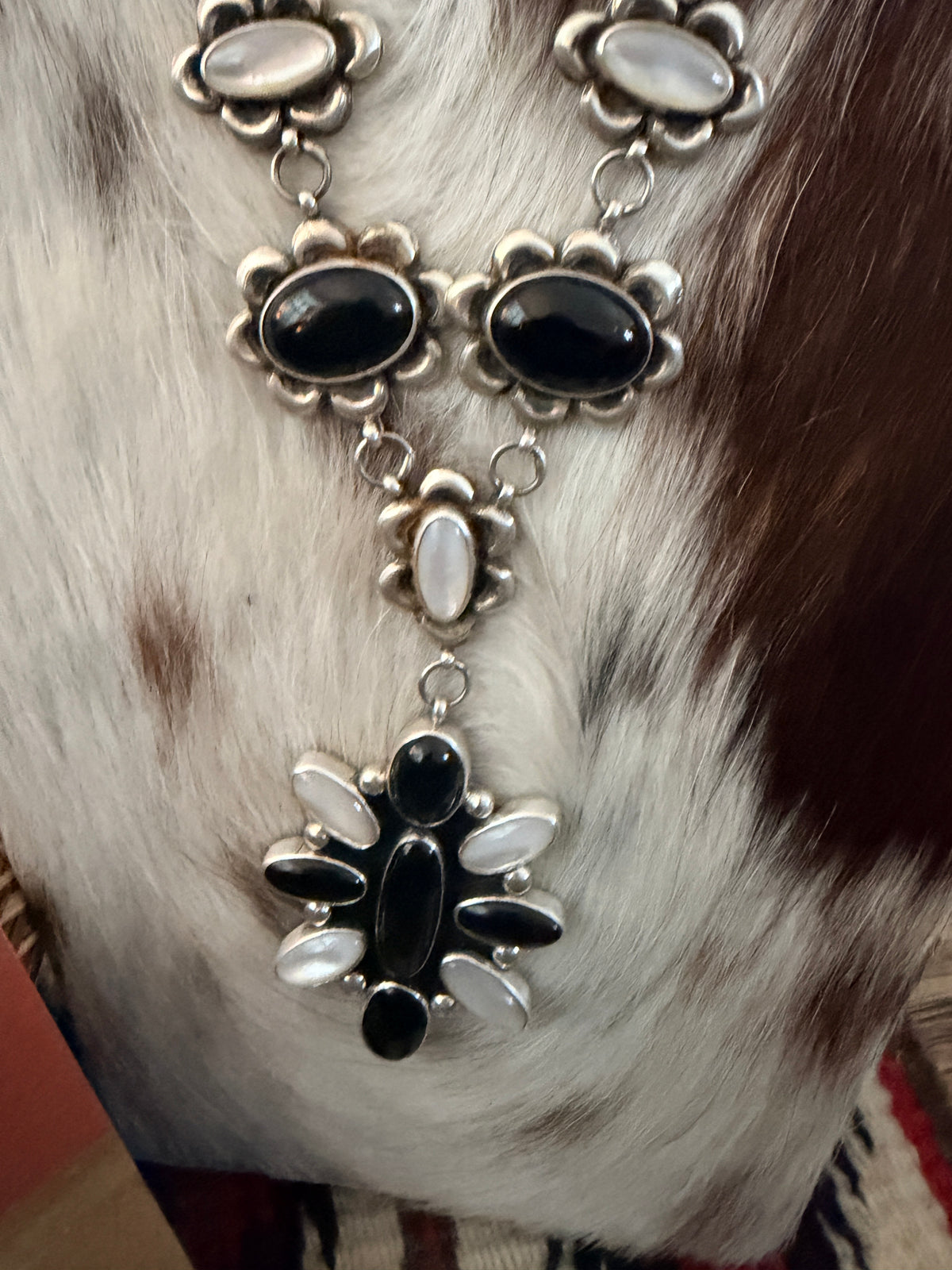 Handcrafted Onyx, Mother of Pearl & Sterling Silver Cluster Necklace and Earring Set by Larry Kaye