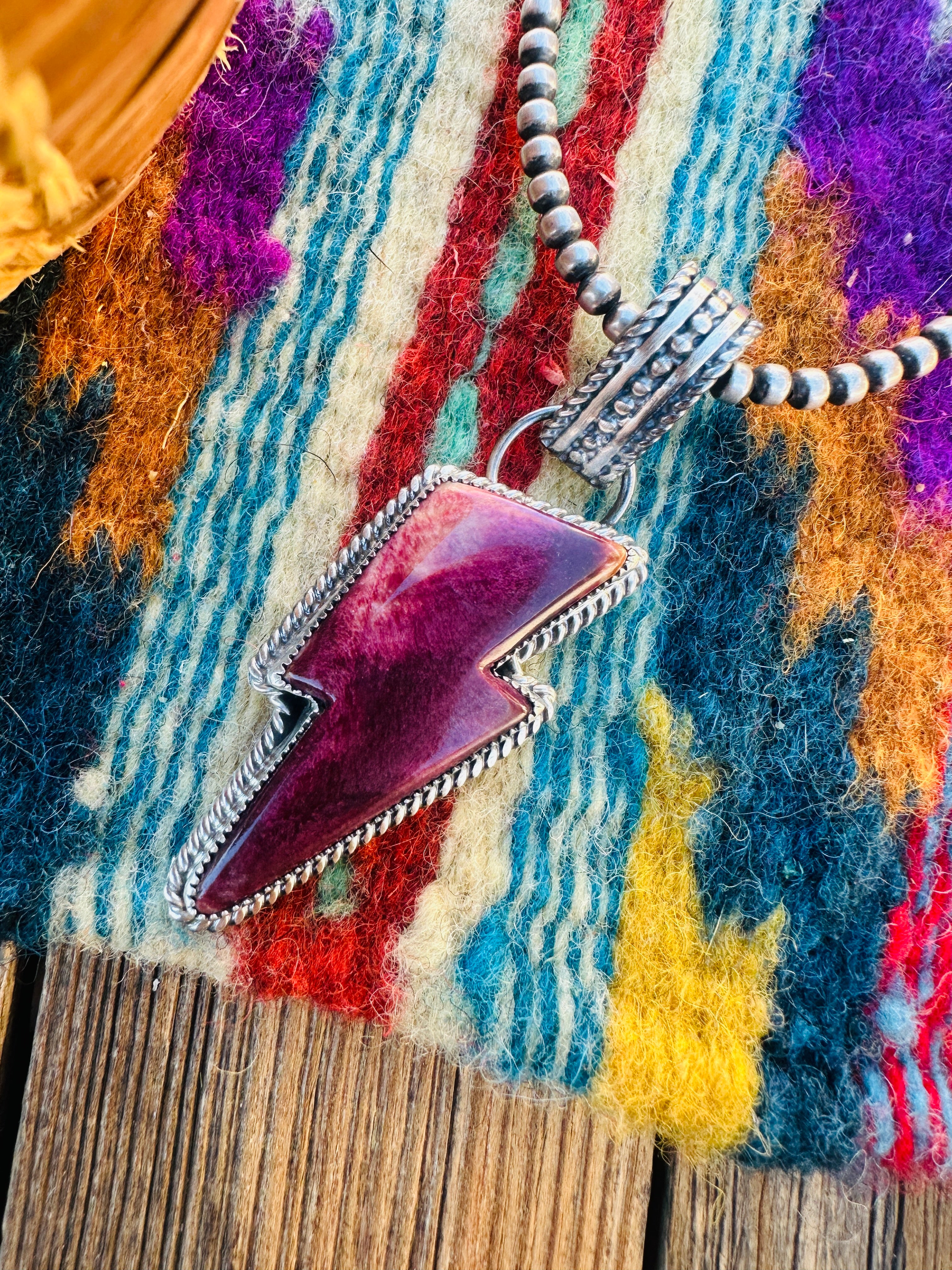 Handcrafted Spiny Oyster & Sterling Silver Lightning Bolt Pendant by Tatum Skeets