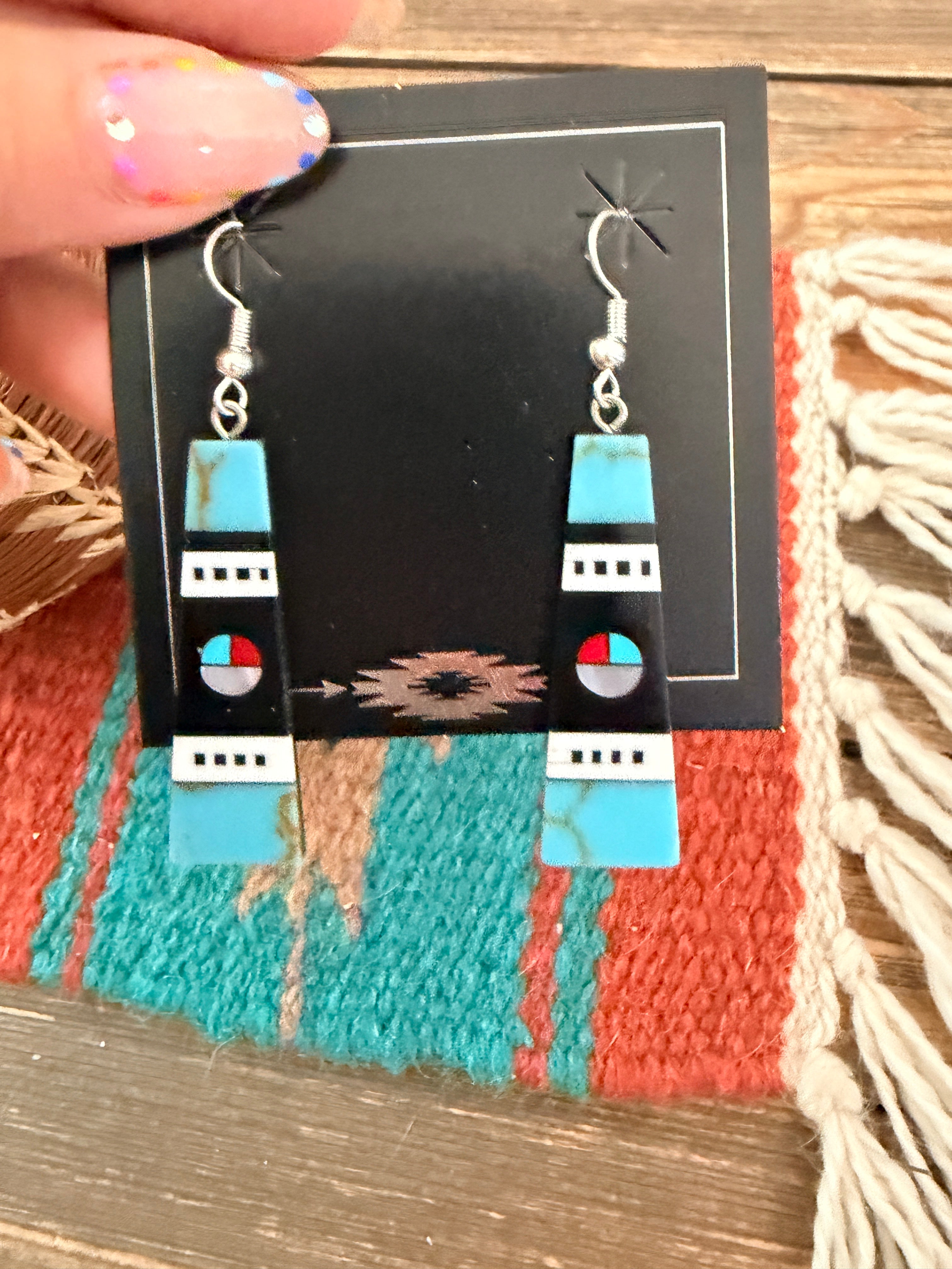 Old Pawn Handcrafted Sterling Silver & Multi Stone Inlay Sun Face Dangle Earrings
