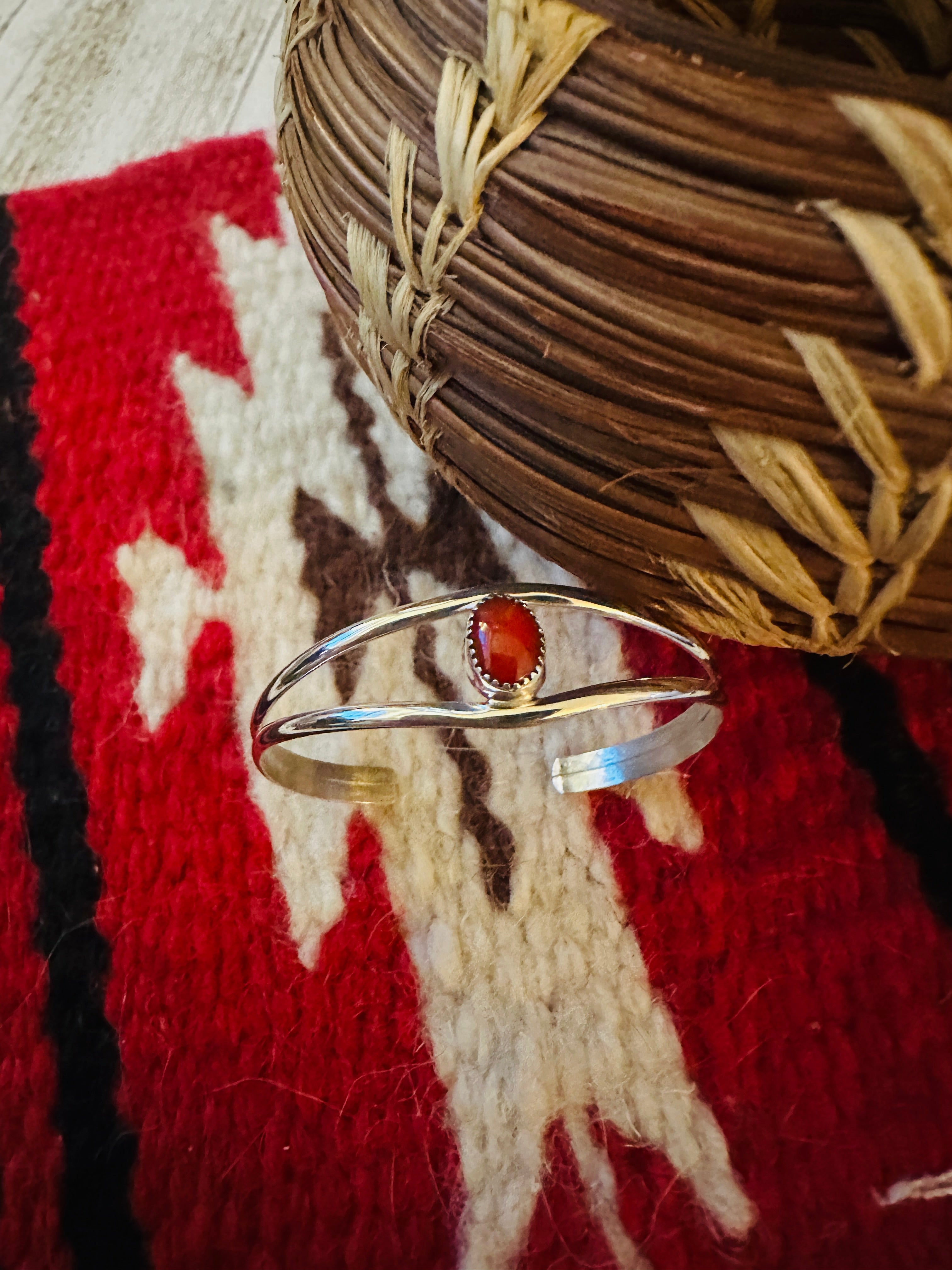 Navajo Sterling Silver & Coral Baby Cuff Bracelet