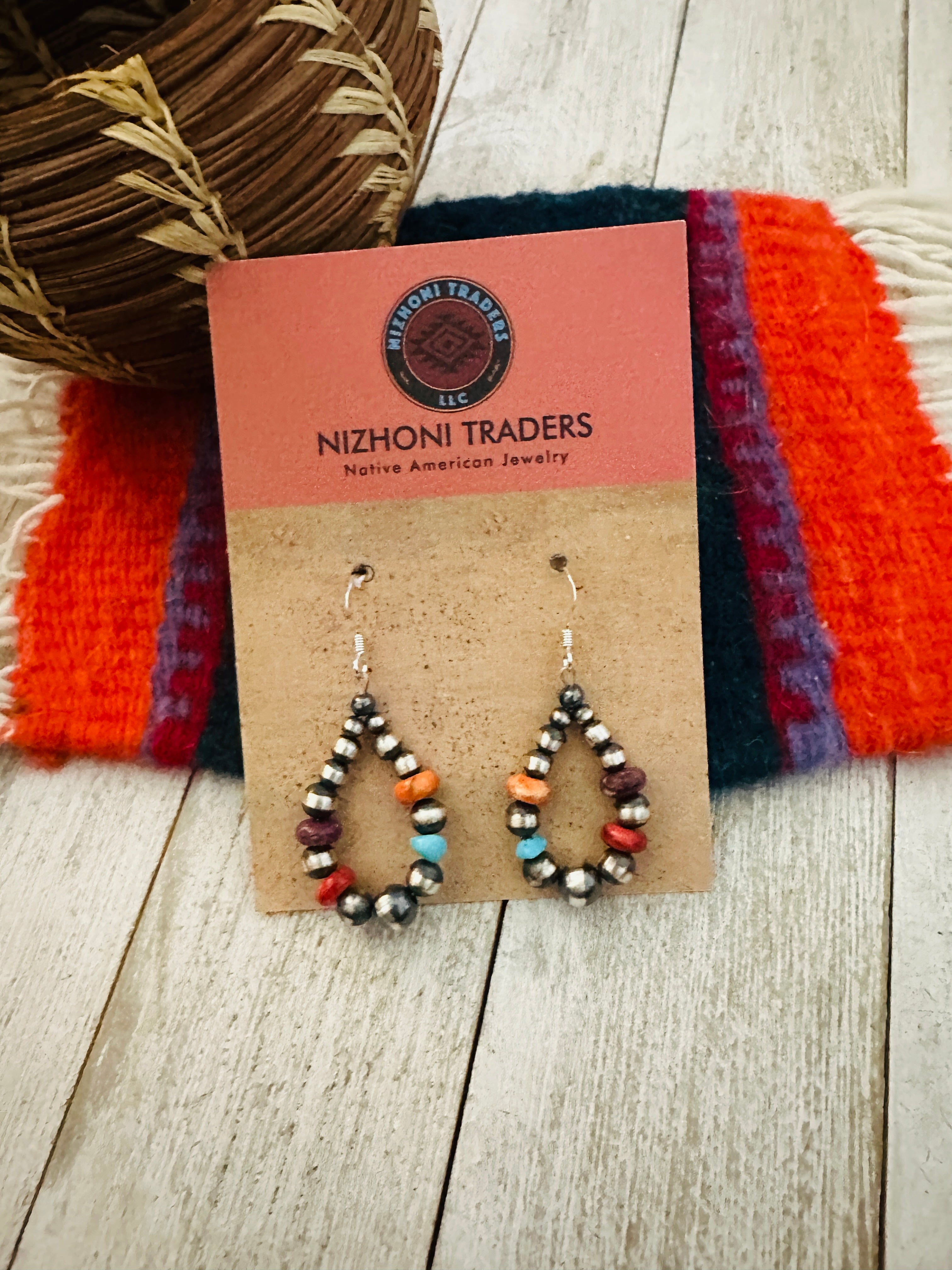 Navajo Multi Stone & Sterling Silver Pearl Beaded Dangle Hoop Earrings