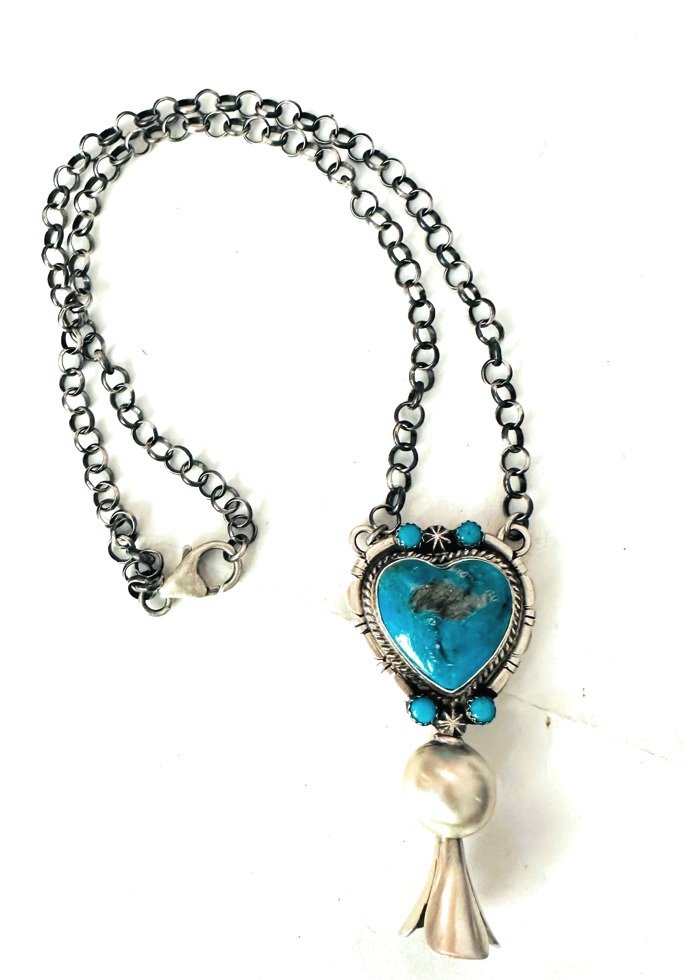 Navajo Sterling Silver & Turquoise Heart Blossom Necklace by Thomas Francisco