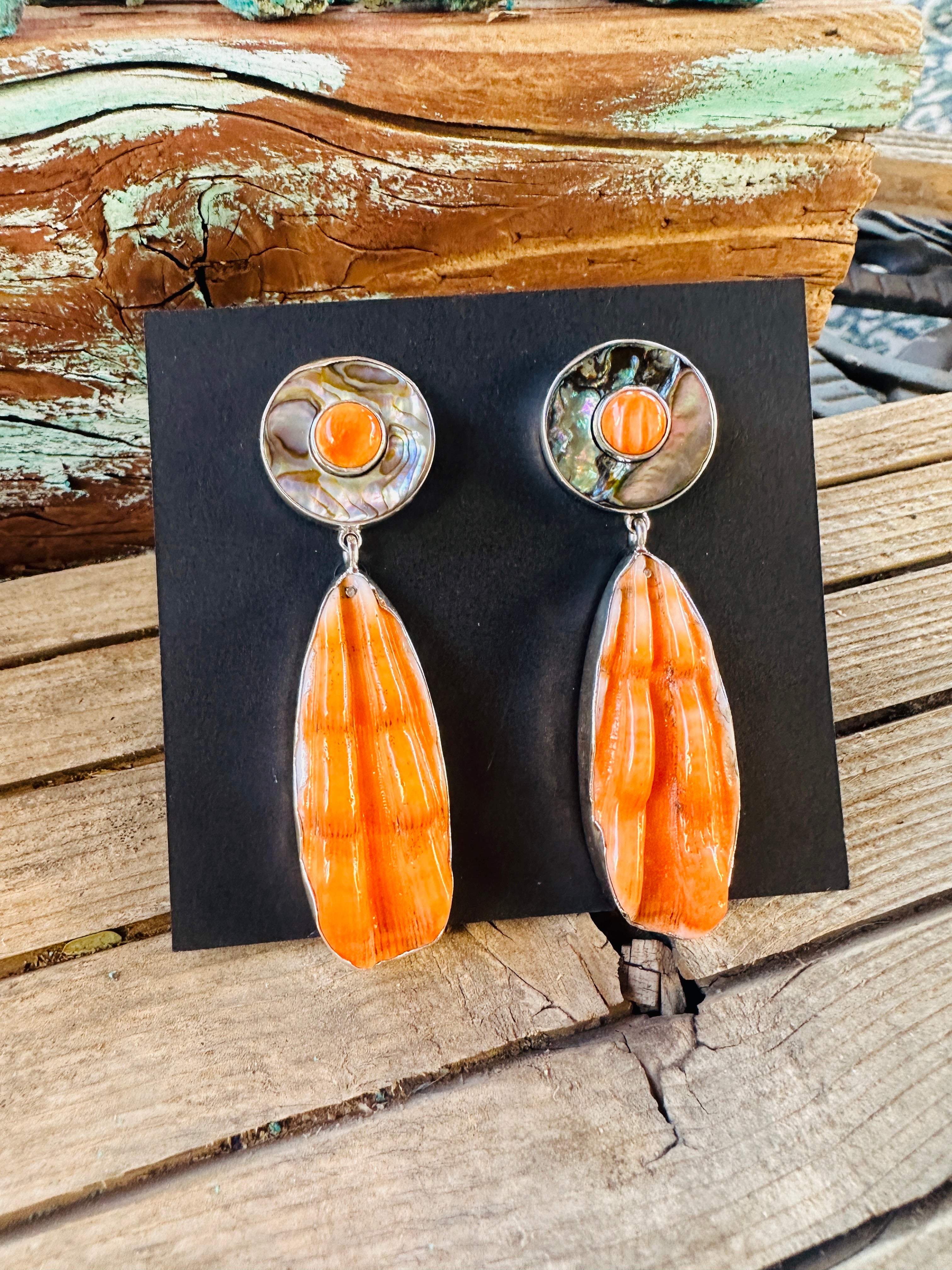 Handcrafted Spiny Oyster, Abalone & Sterling Silver Dangle Earrings by Federico Jimenez