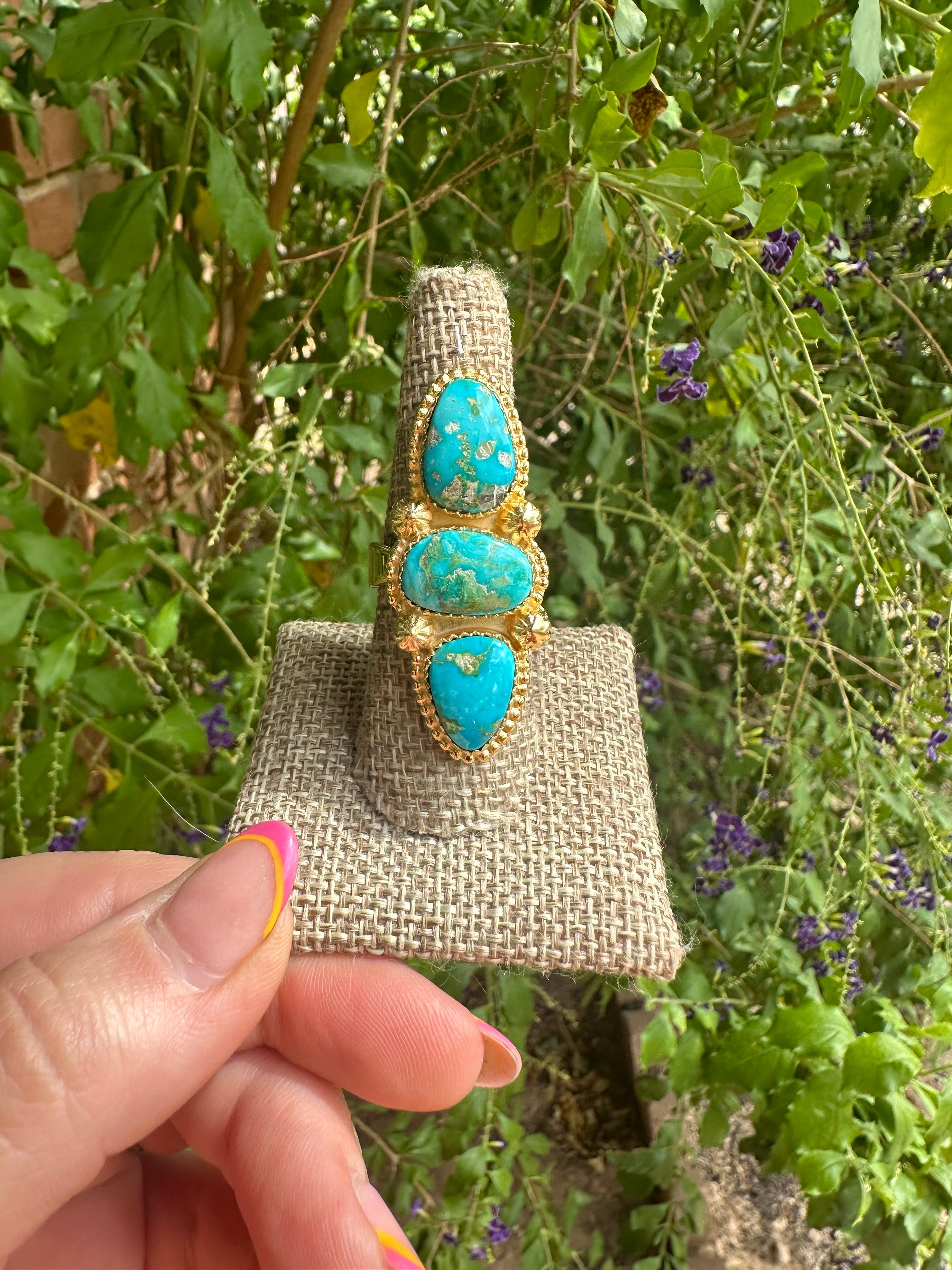 “The Golden Collection” Turquoise Skies Handmade Natural Turquoise 14k Gold Plated Sterling Silver Adjustable Ring