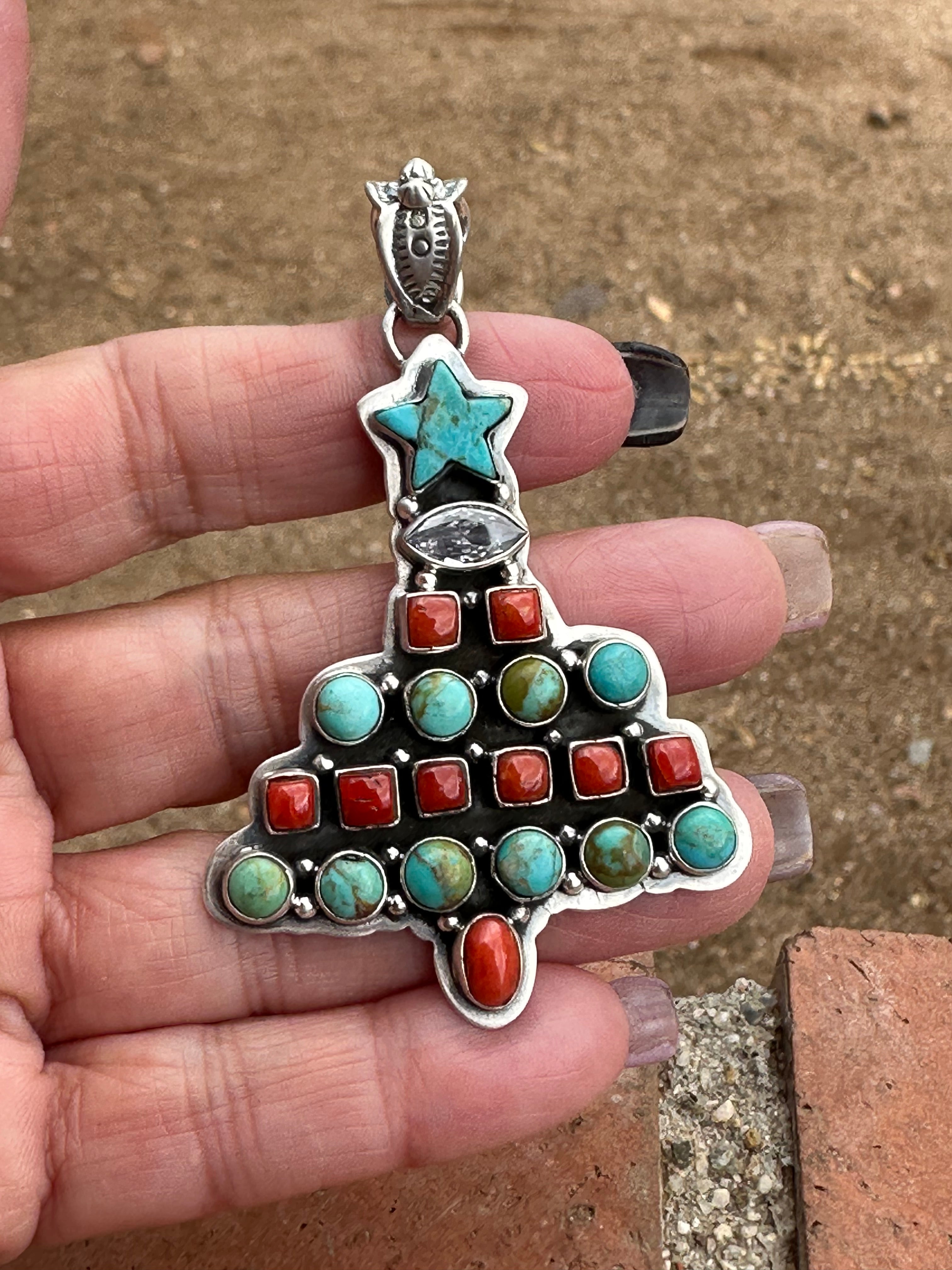 Handmade Sterling Silver, Coral & Turquoise Christmas Tree Pendant