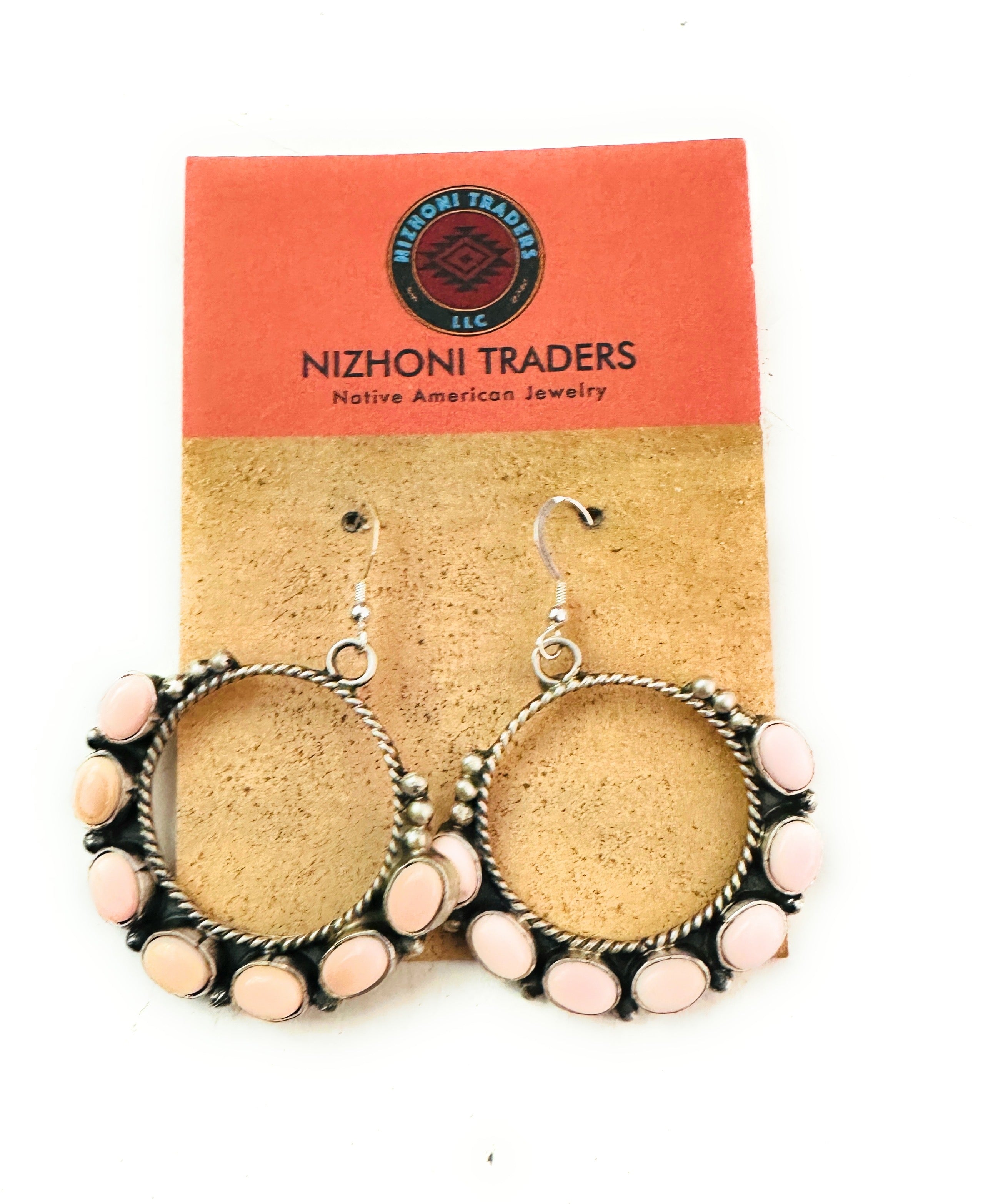 Navajo Queen Pink Conch & Sterling Silver Circle Dangle Earrings Signed