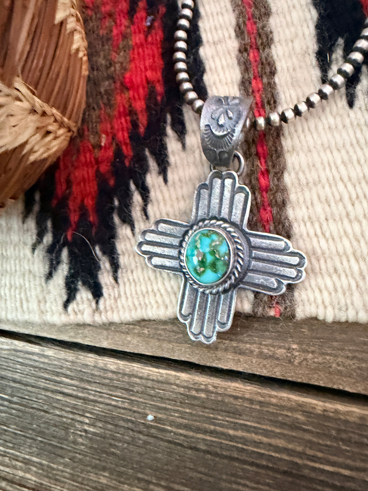 Handcrafted Sterling Silver & Sonoran Mountain Turquoise Zia Cross Pendant by Kevin Billah