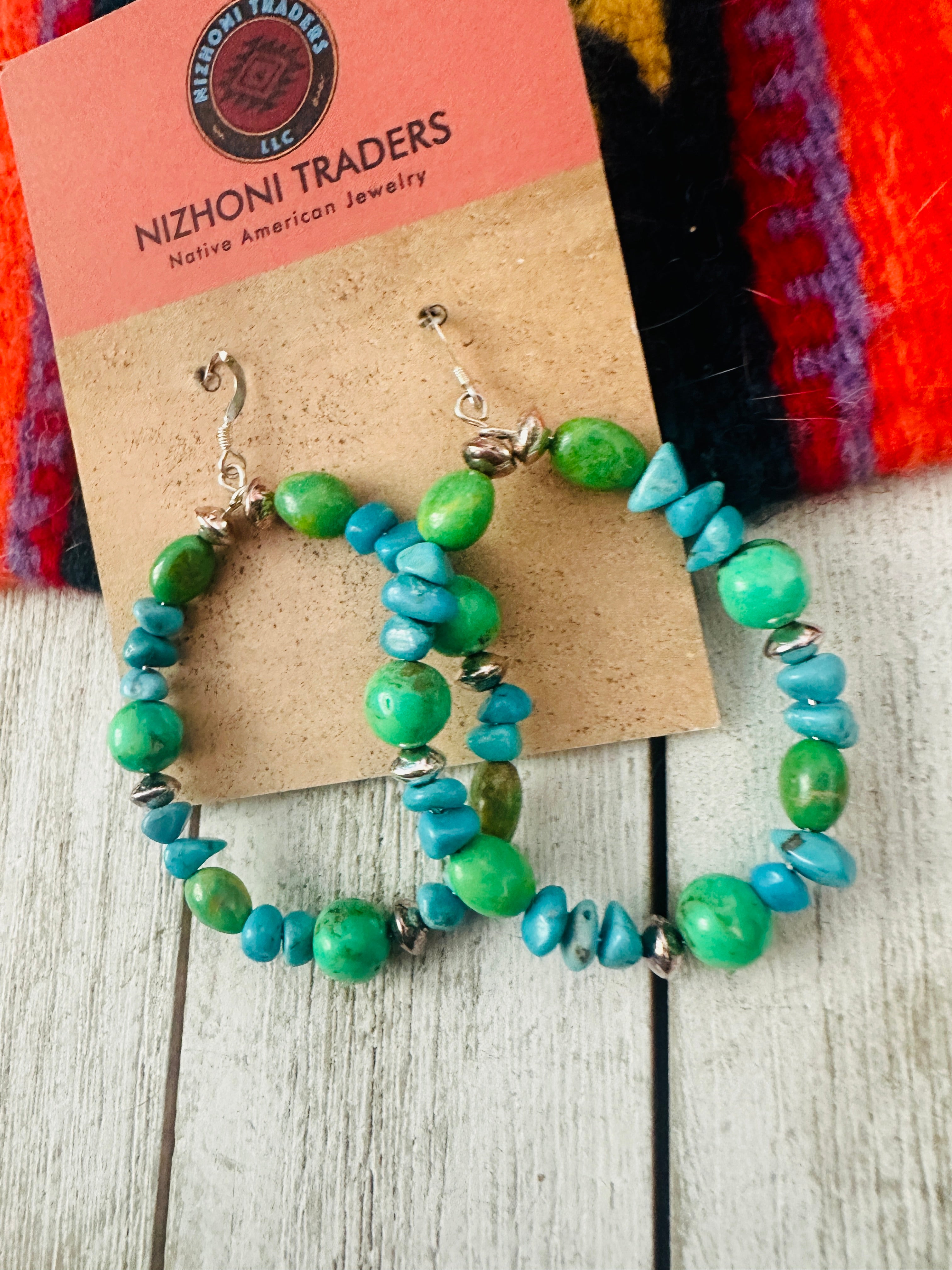 Navajo Kingman Turquoise & Sterling Silver Beaded Hoop Earrings