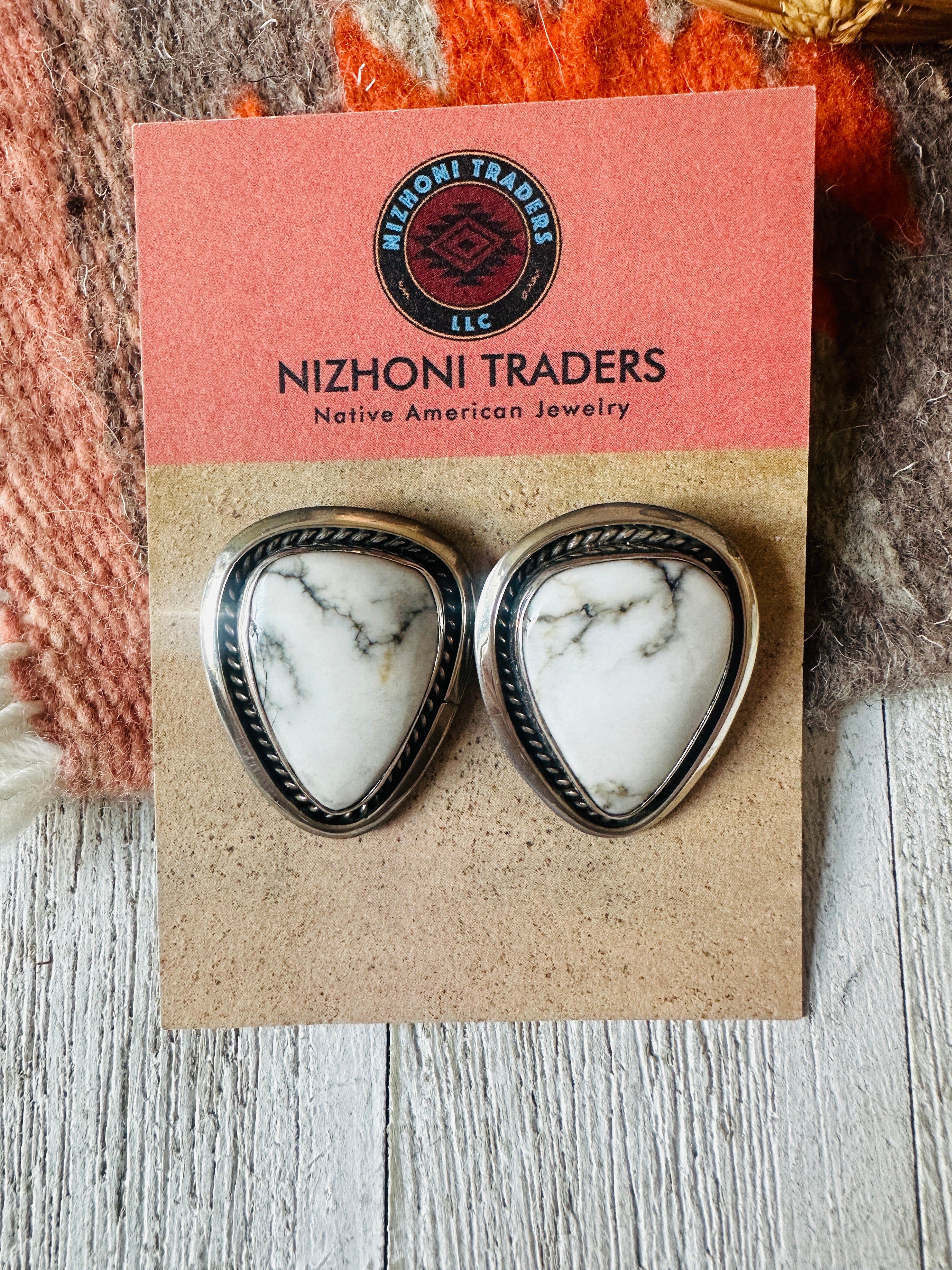 Navajo White Buffalo & Sterling Silver Post Earrings