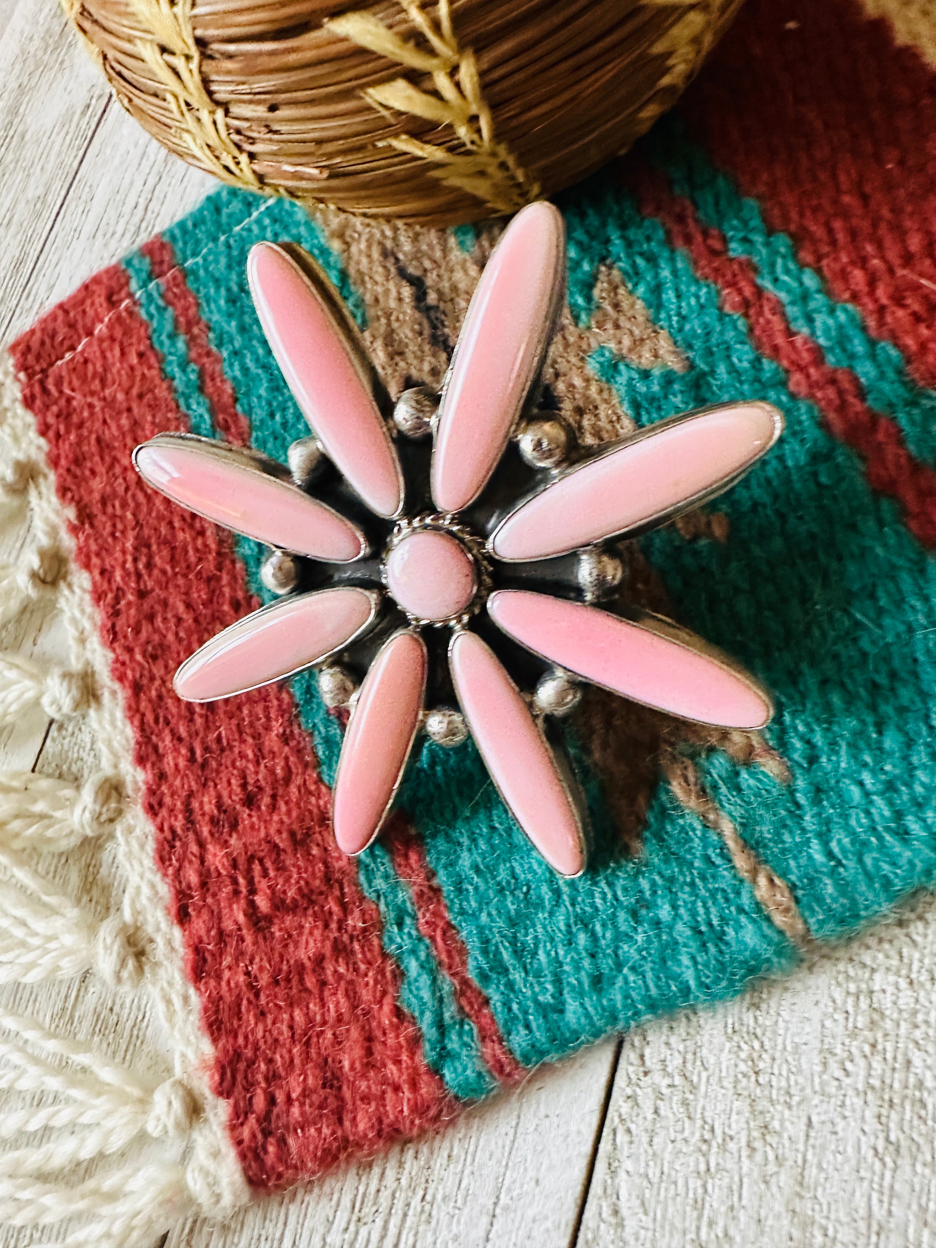 Navajo Sterling Silver & Queen Pink Conch Adjustable Flower Ring