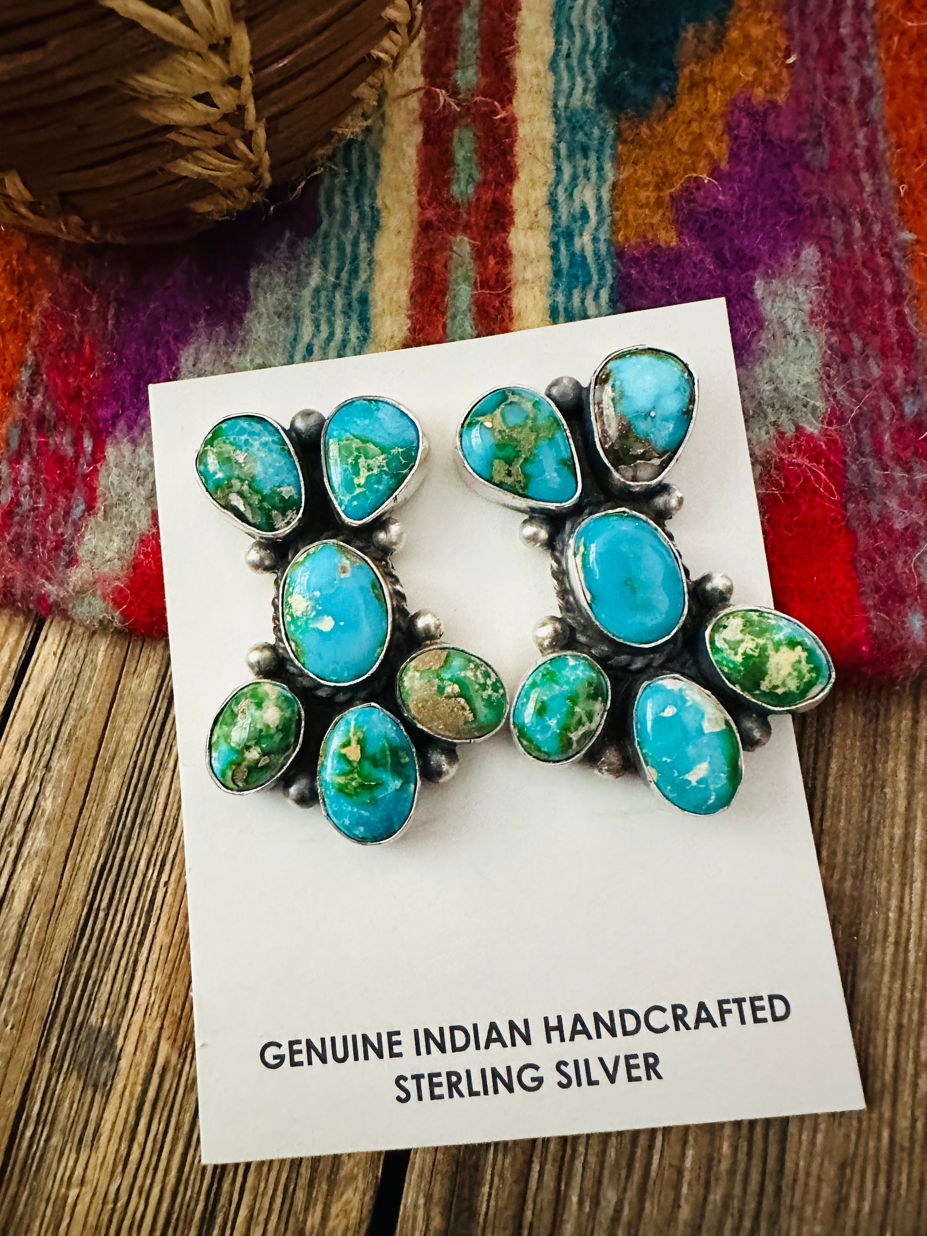 Handcrafted Sonoran Mountain Turquoise & Sterling Silver Cluster Post Earrings by Debra Smith