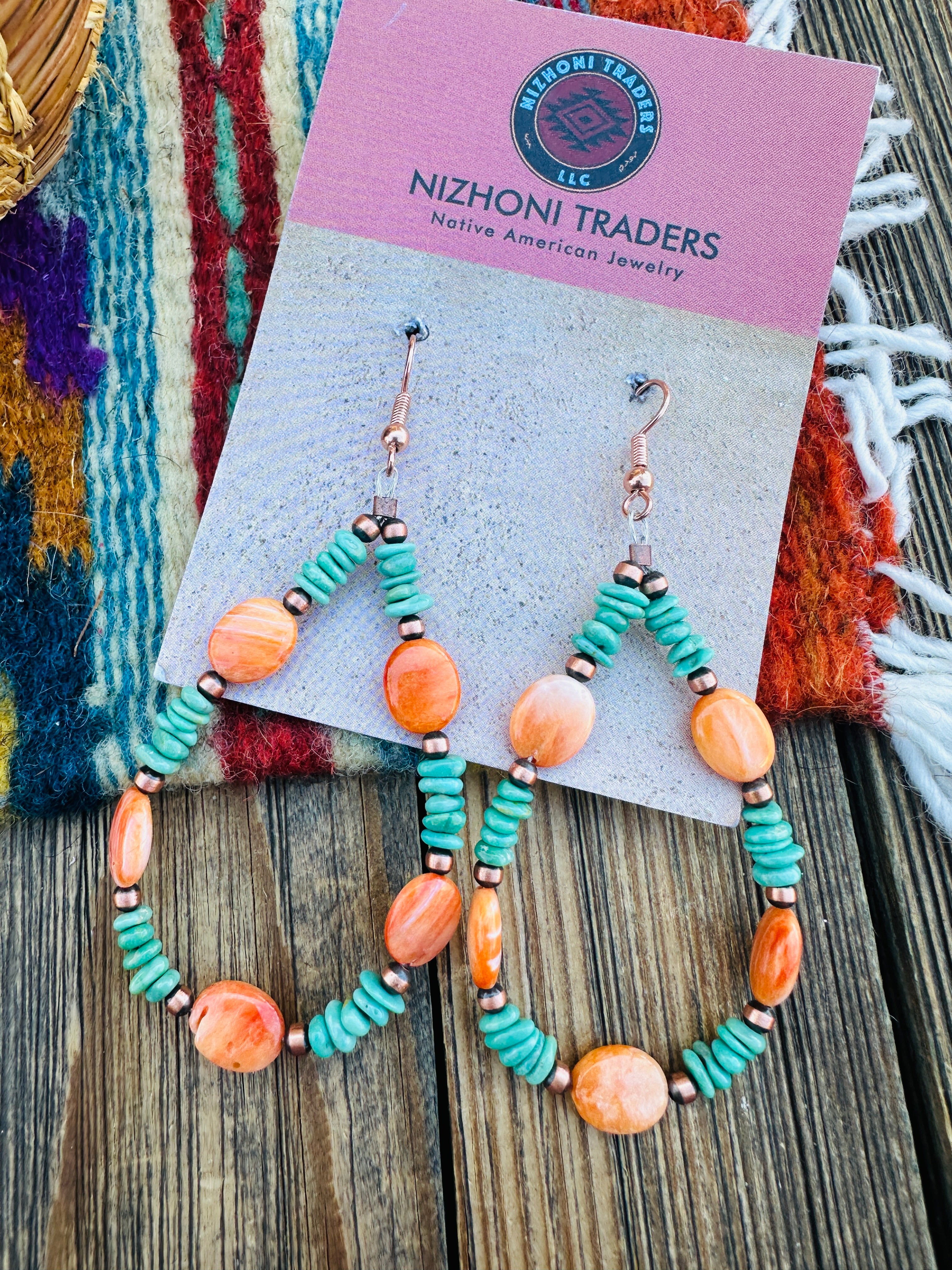 Handcrafted Spiny Oyster, Turquoise & Copper Beaded Dangle Hoop Earrings