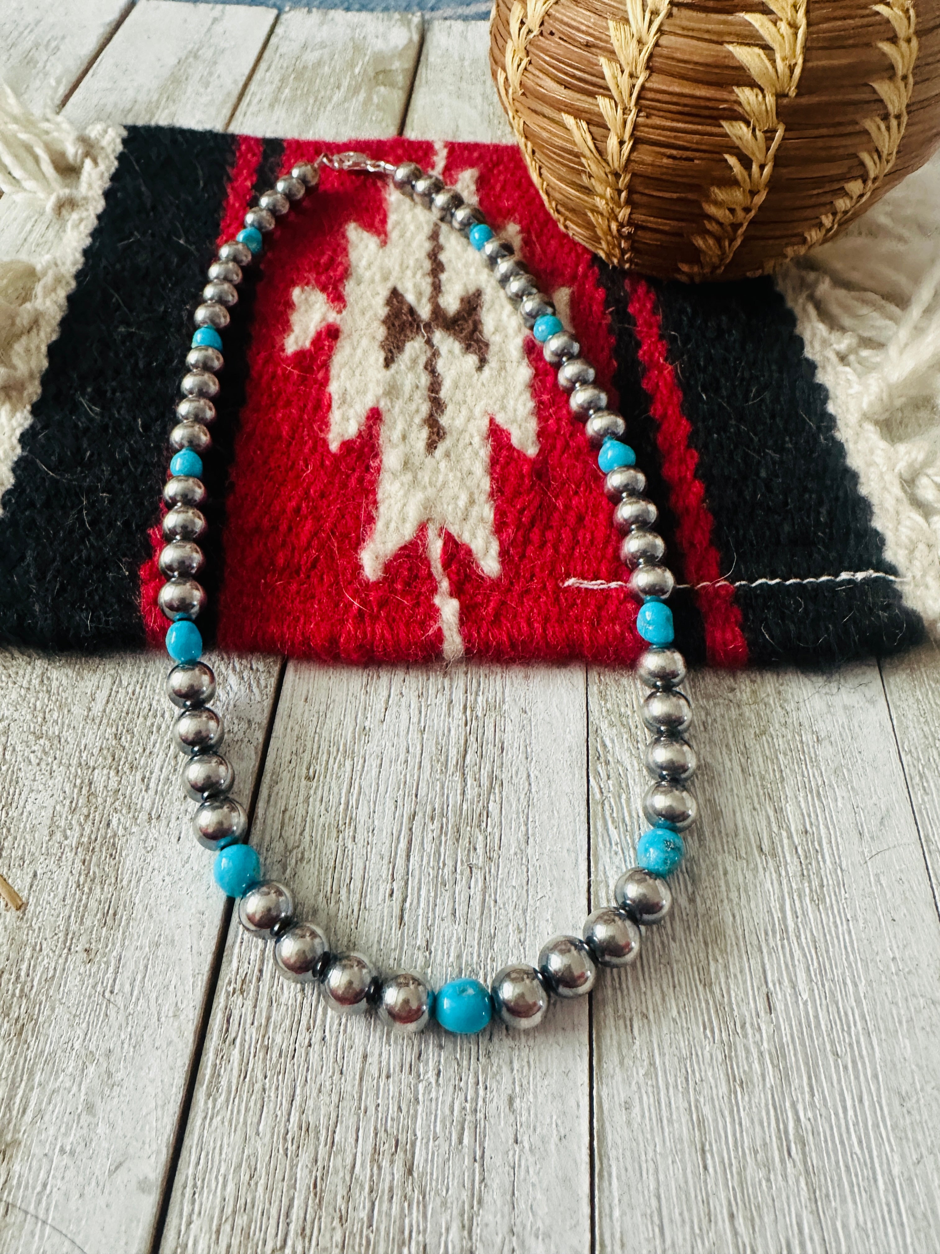 Navajo Sleeping Beauty Turquoise & Sterling Silver 18” Beaded Necklace