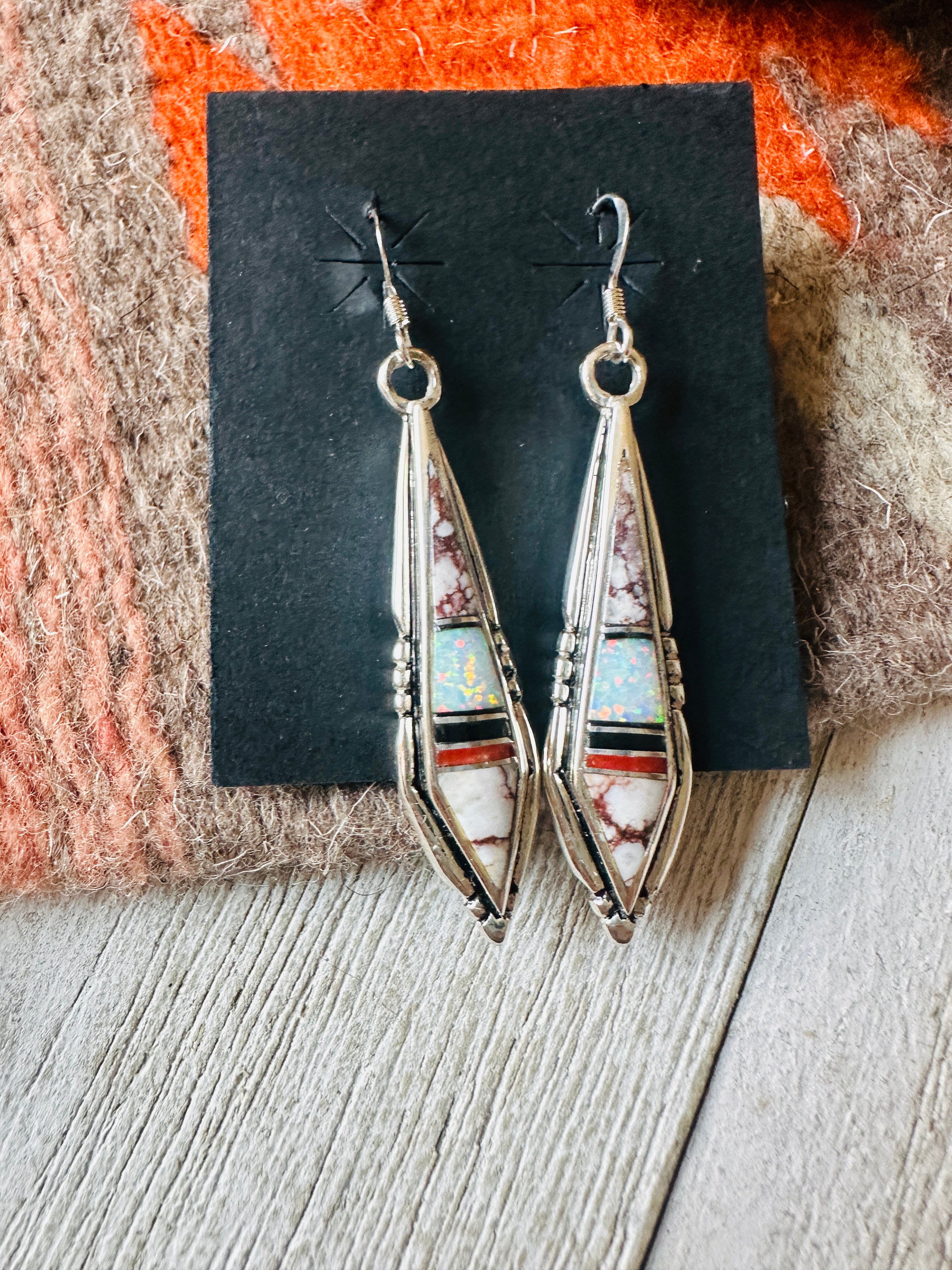 Navajo Sterling Silver & Multi Stone Inlay Dangle Earrings