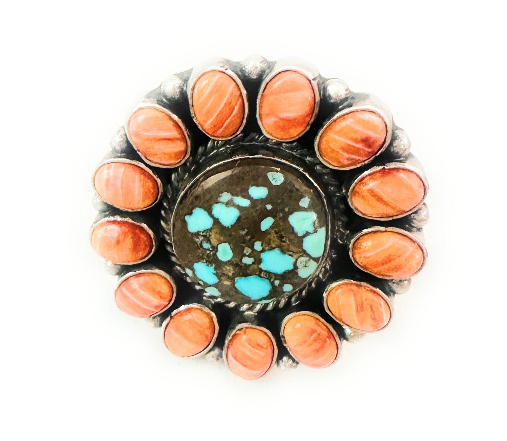 Navajo Sterling Silver, Orange Spiny & Turquoise Cluster Adjustable Ring