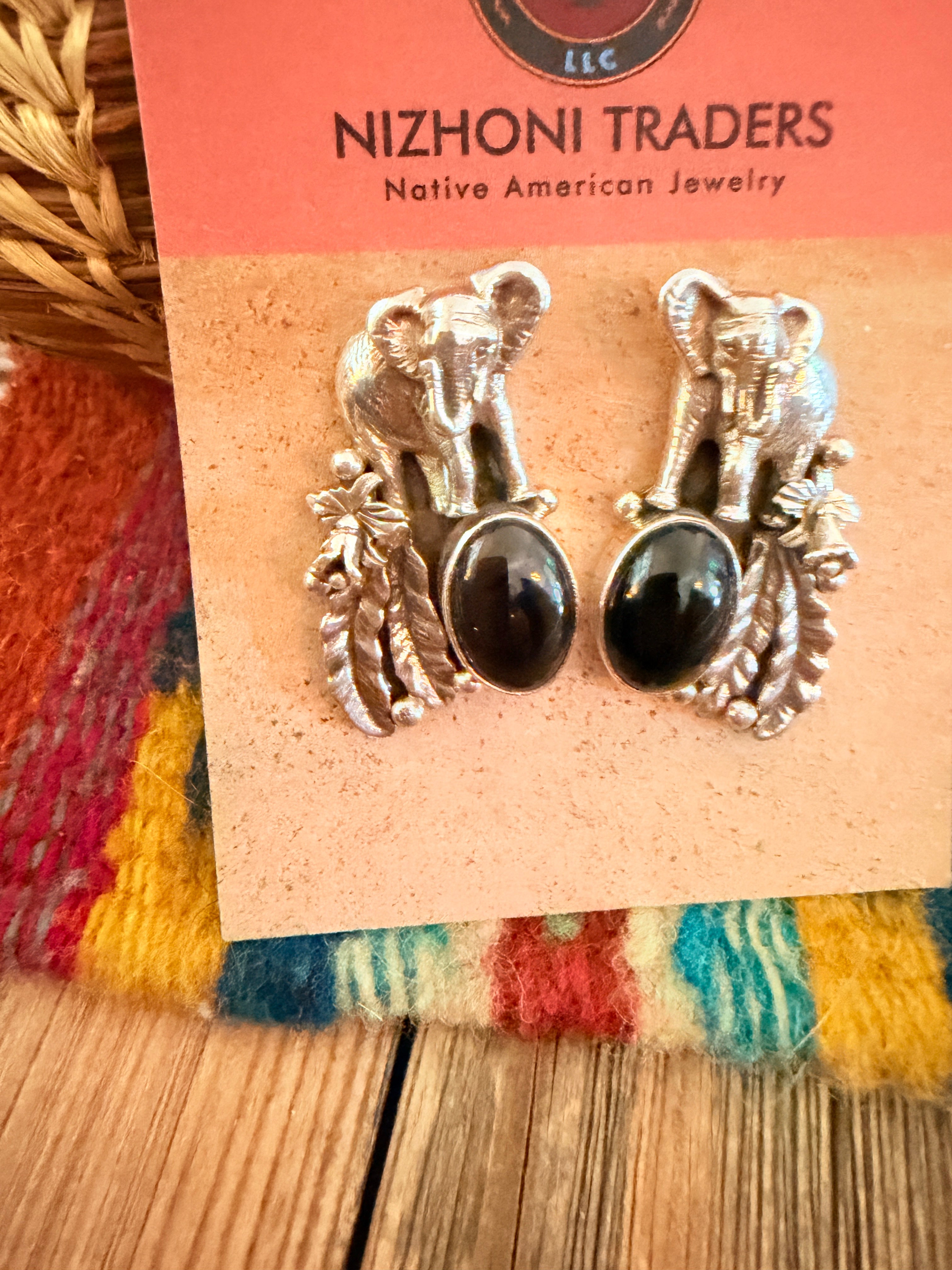 Old Pawn Vintage Handcrafted Onyx & Sterling Silver Elephant Earrings