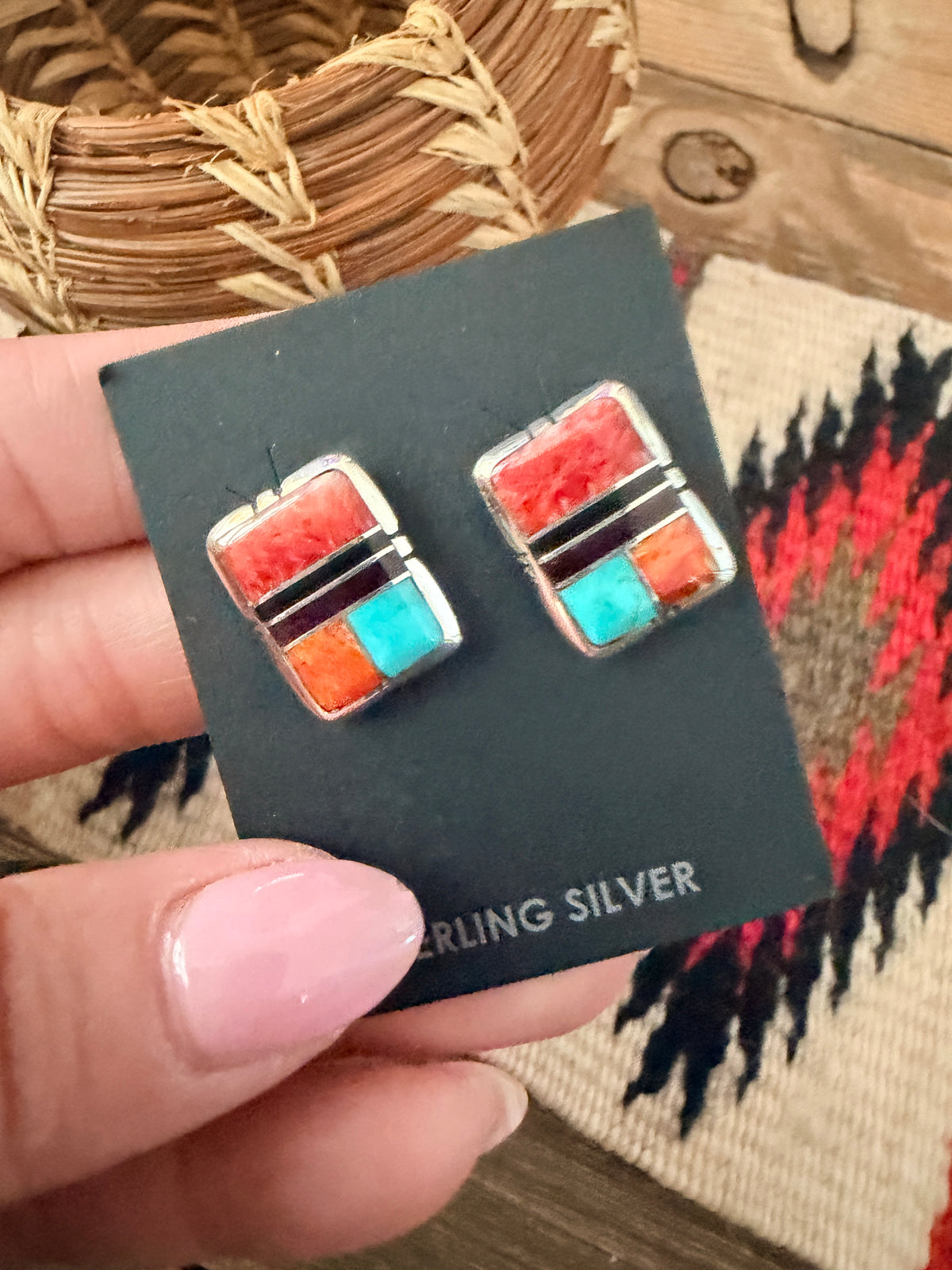 Handcrafted Multi Stone & Sterling Silver Inlay Stud Earrings