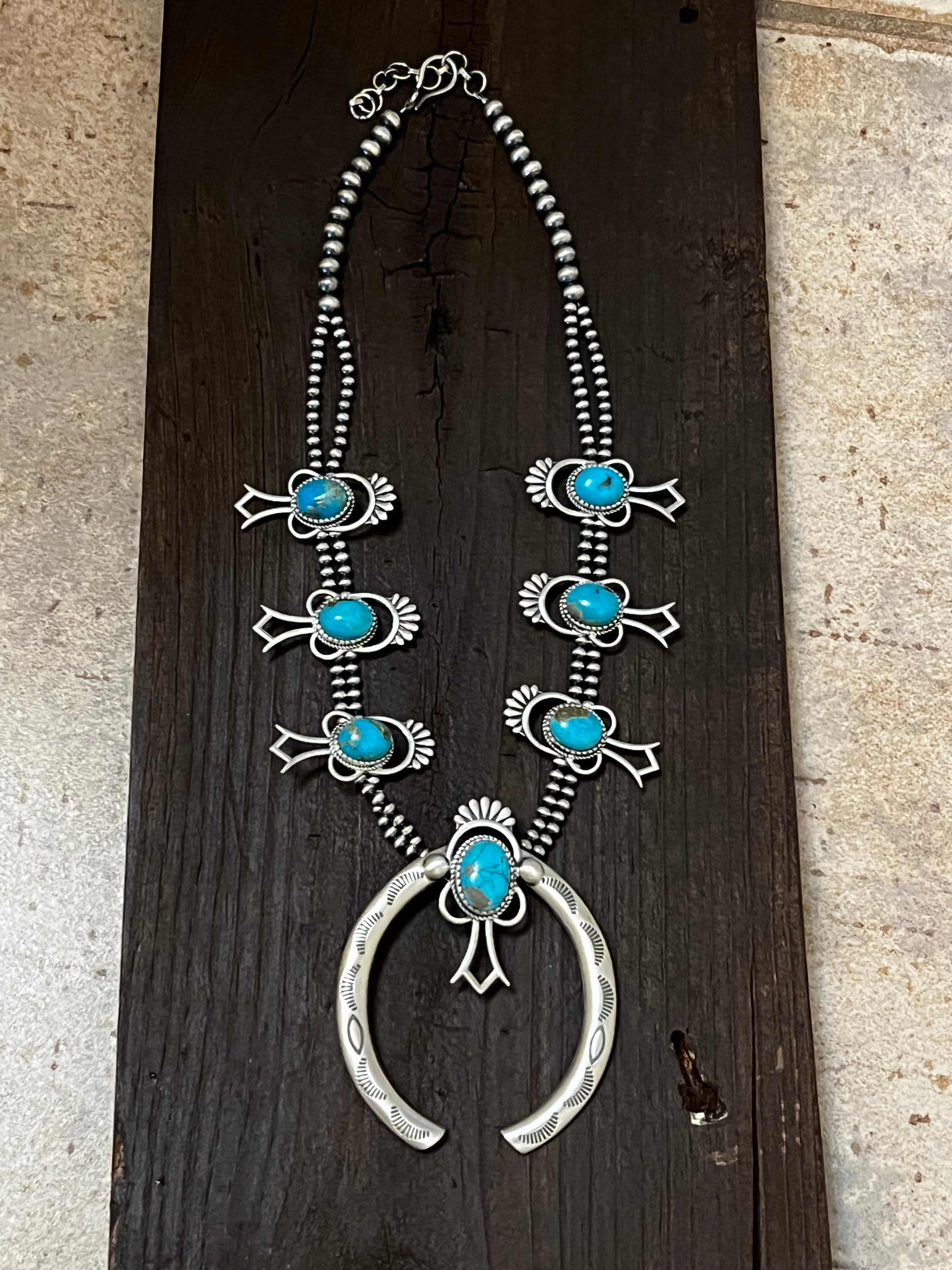 Handmade Sterling Silver & Kingman Turquoise Squash Blossom Naja Necklace