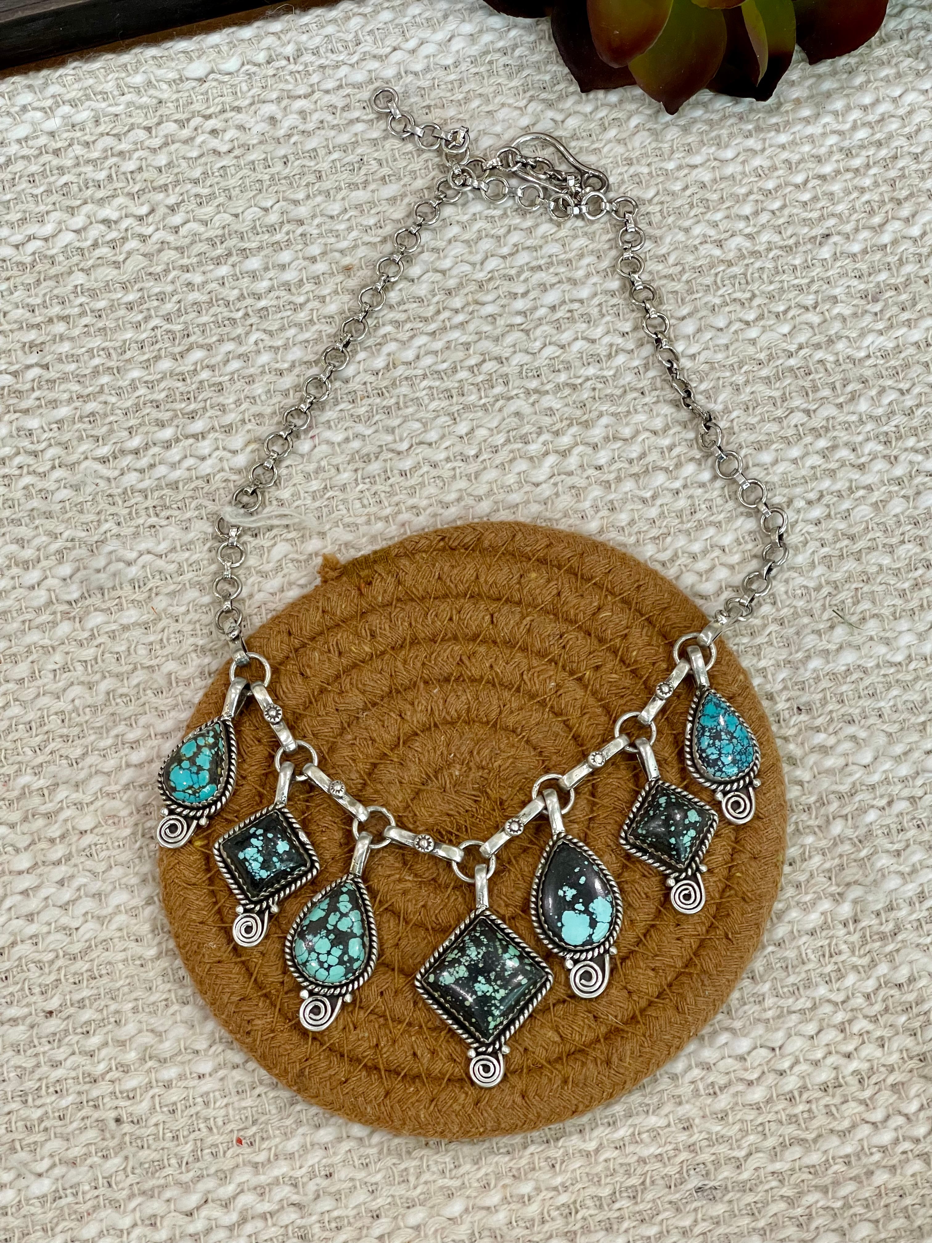Handmade Sterling Silver Number 8 Turquoise Necklace with Signed Nizhoni