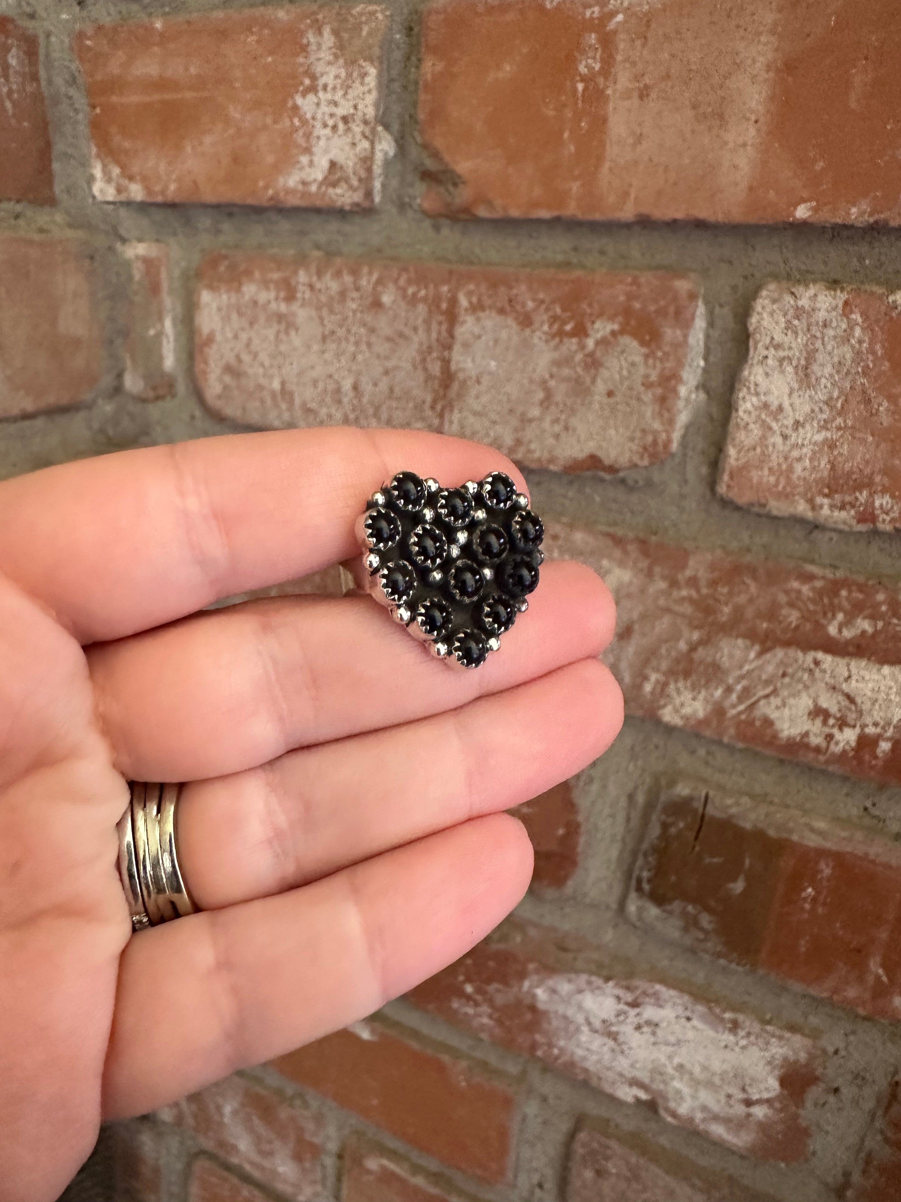 Handmade Adjustable Onyx Sterling Silver Heart Ring