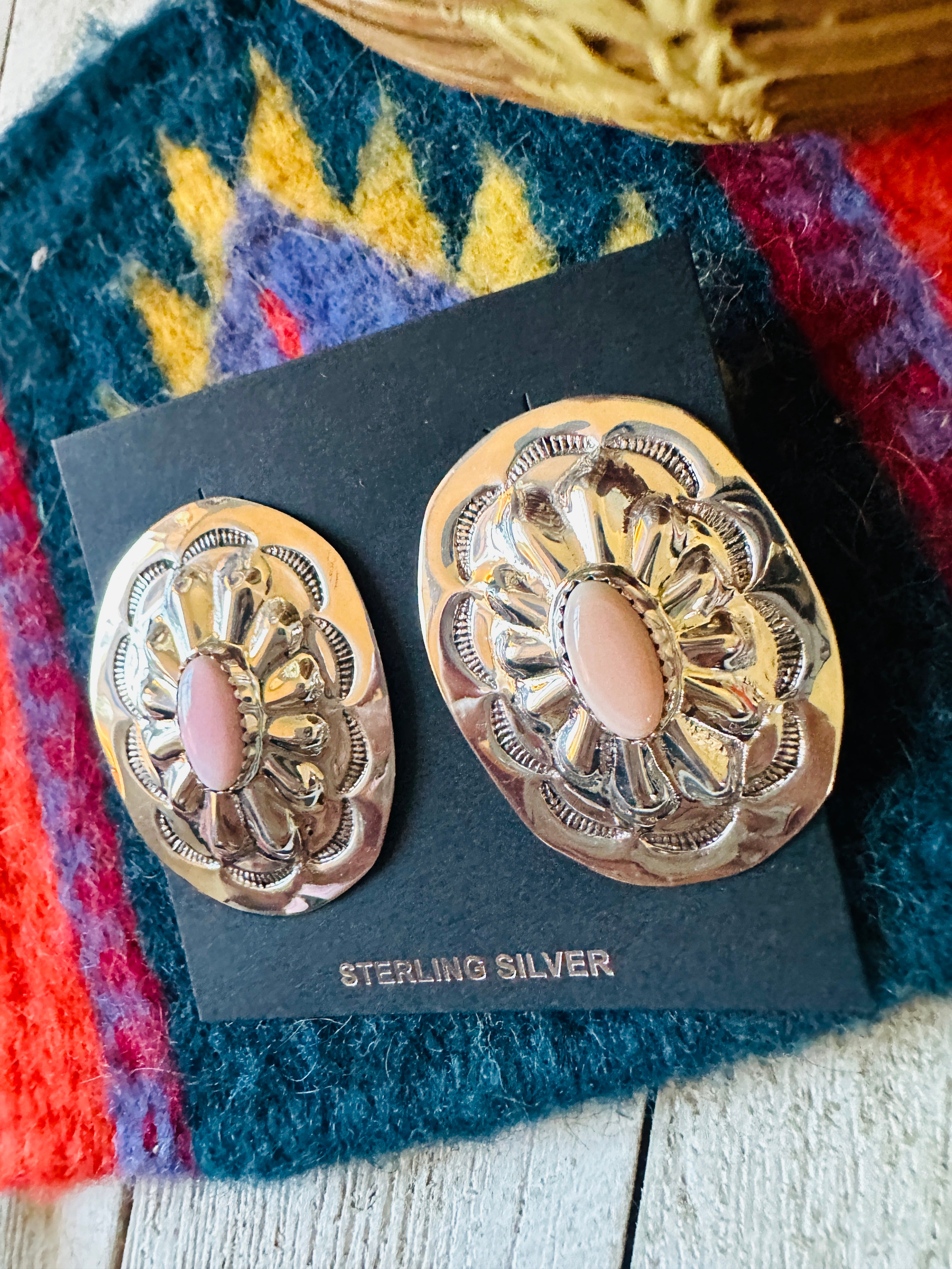 Navajo Sterling Silver & Queen Pink Conch Concho Post Earrings