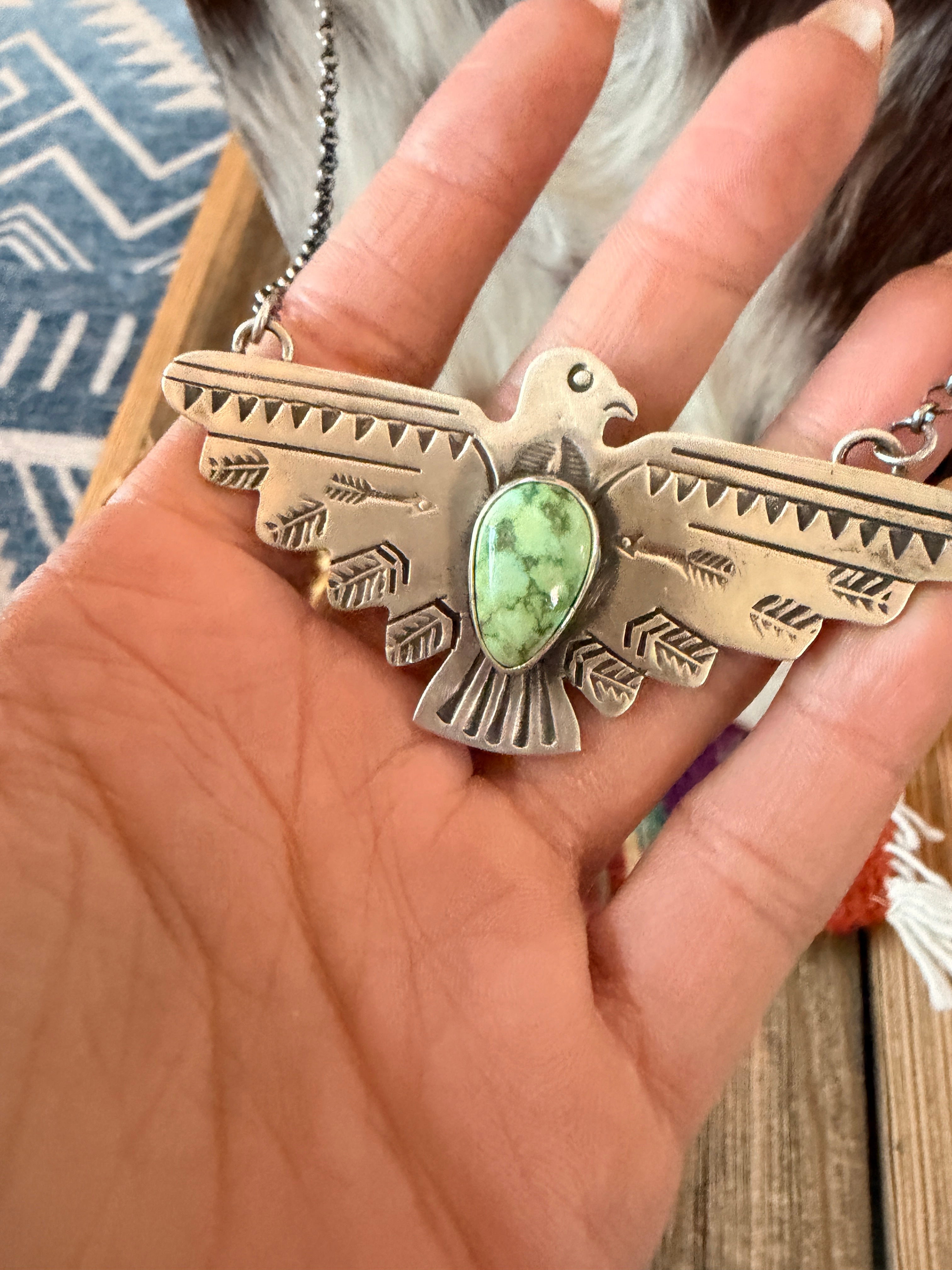 Handcrafted Turquoise & Sterling Silver Thunderbird Necklace by Russell Sam