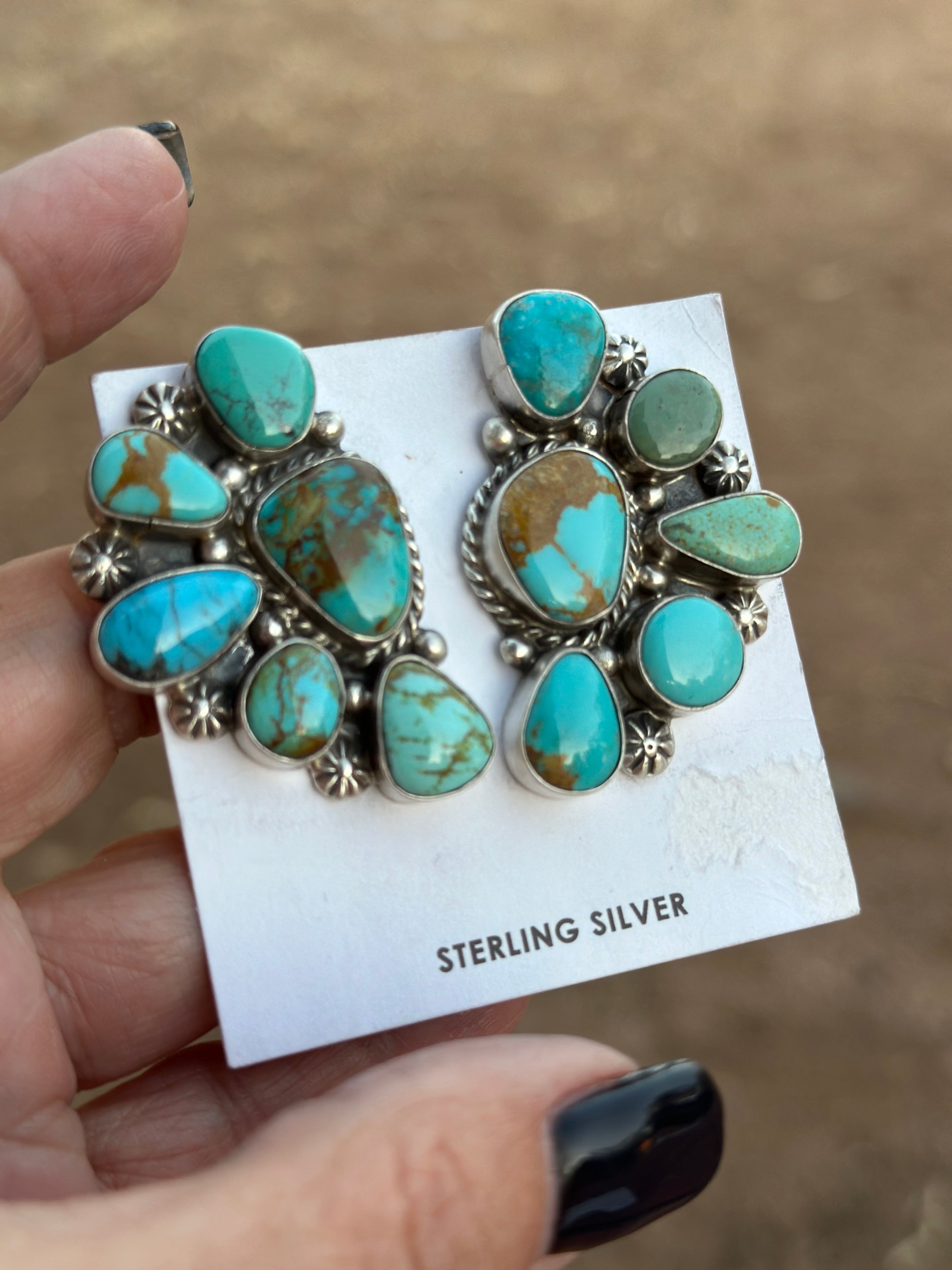 Navajo Turquoise Sterling Silver Crescent Cluster Earrings signed El