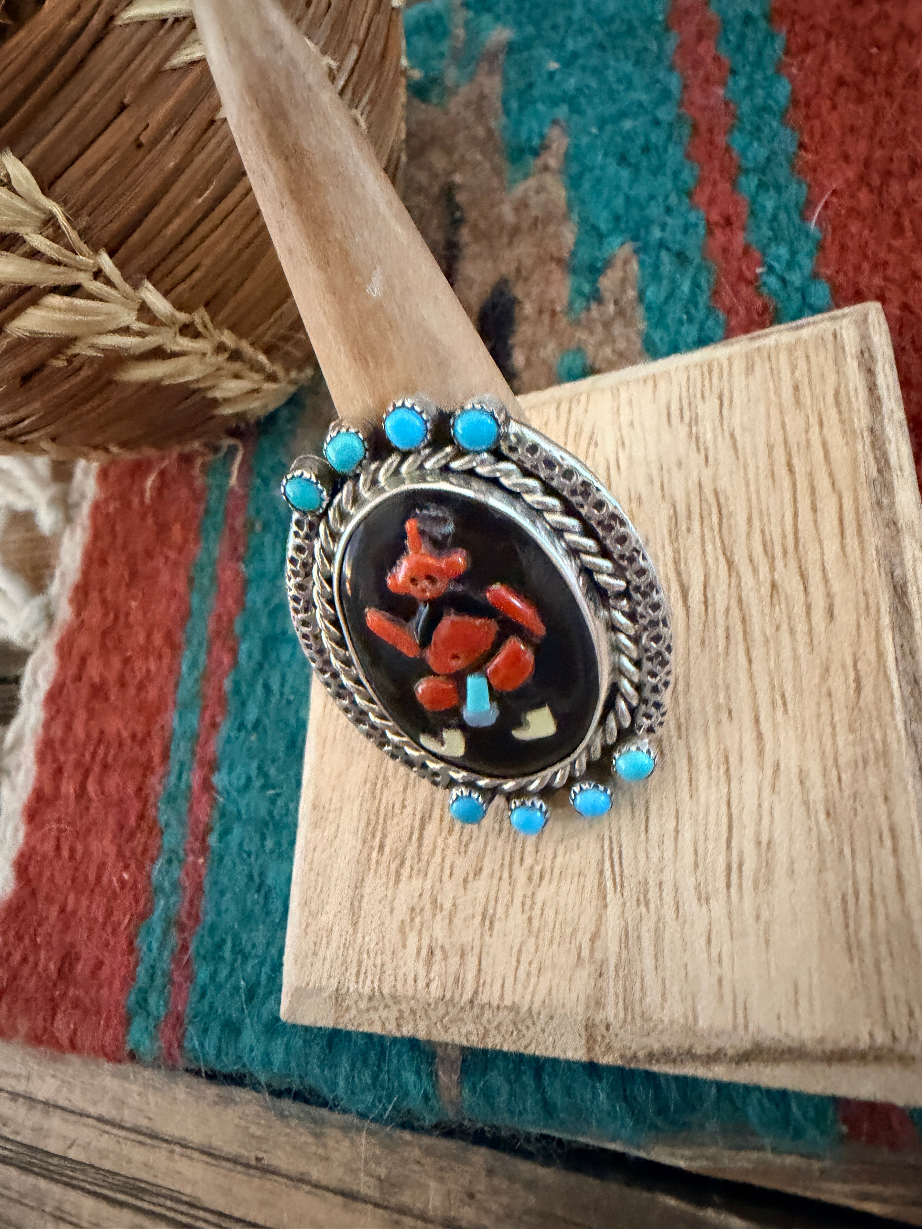 Old Pawn Handcrafted Multi Stone & Sterling Silver Inlay Kachina Ring Size 8.75