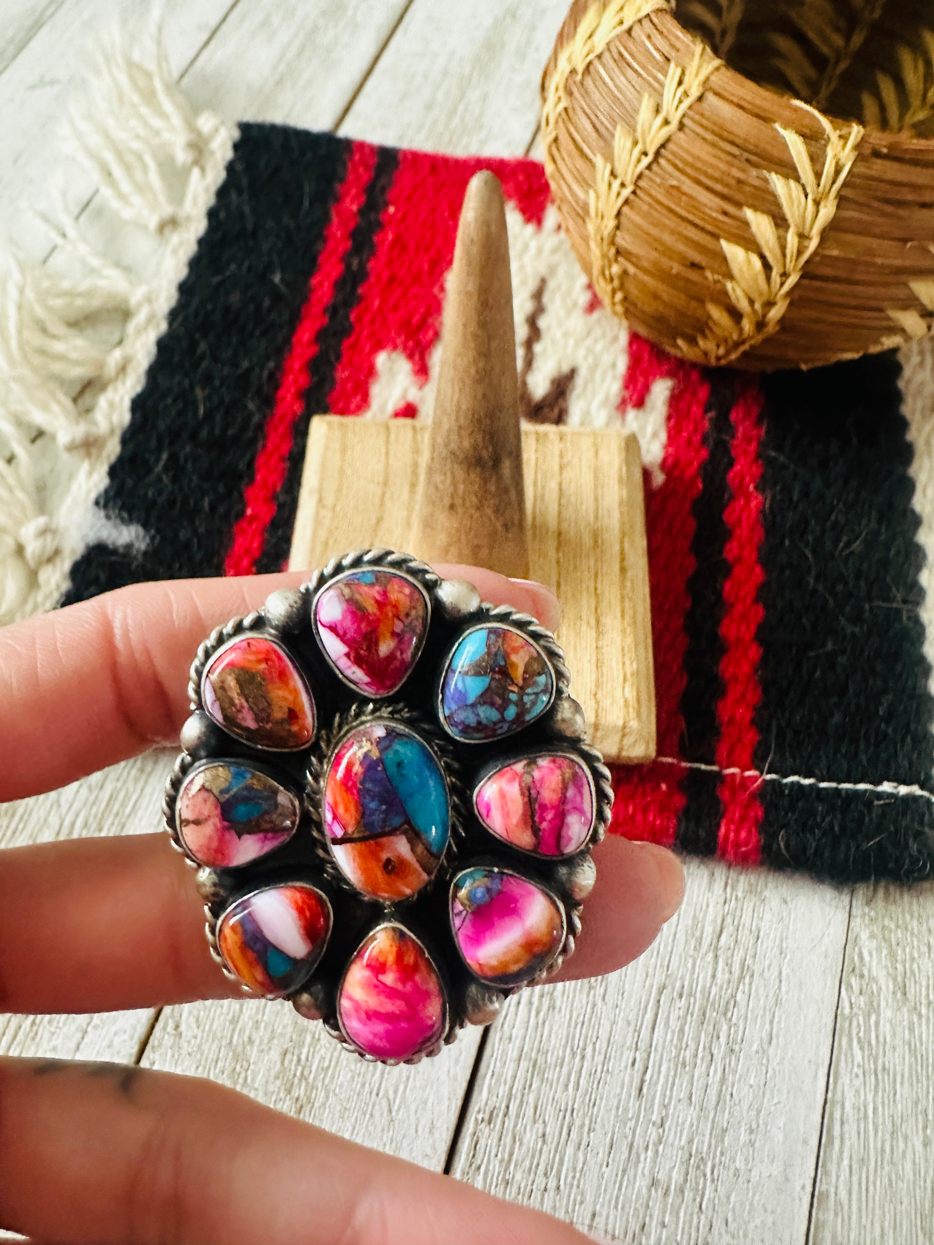 Handcrafted Sterling Silver & Pink Dream Mojave Cluster Adjustable Ring