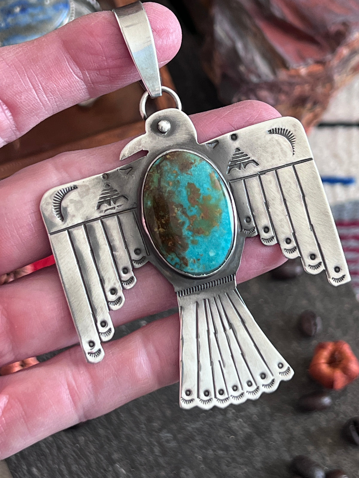 Kimari Somers Hand Stamped Sterling Silver & Royston Turquoise Thunderbird Pendant