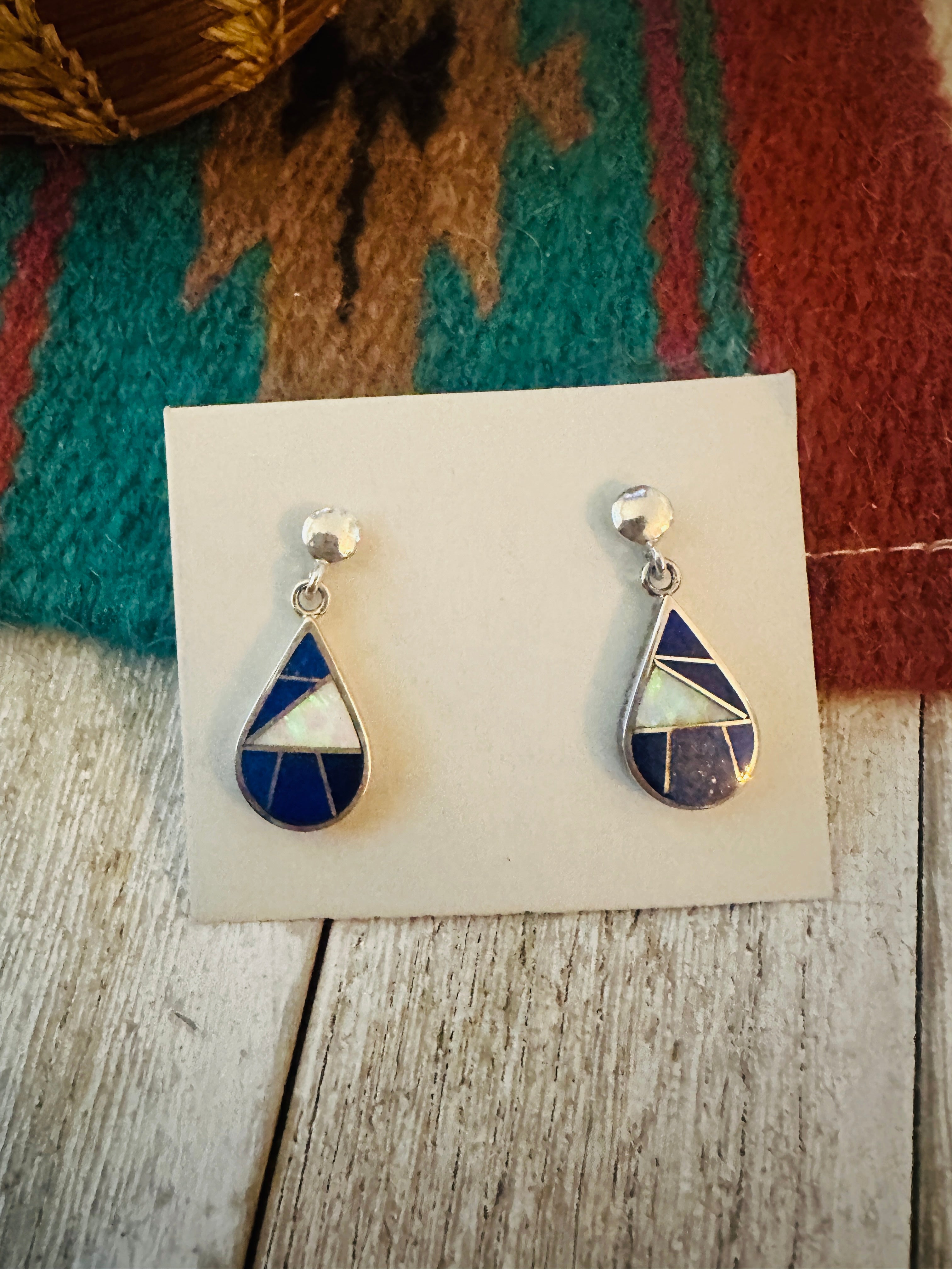 Handcrafted Lapis, Opal & Sterling Silver Inlay Dangle Earrings